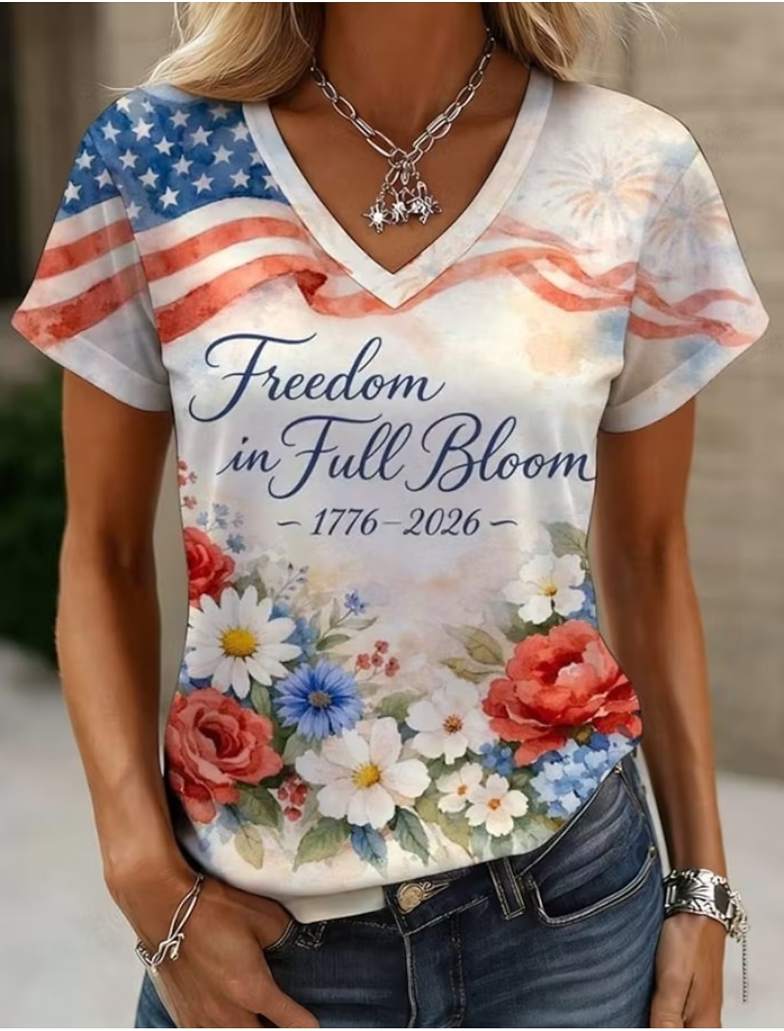 Independence Day Patriotic Women's T Shirt Graphic Flag Vintage Stylish Classic Short Sleeve V Neck Regular Tops Daily Print White Summer Spring