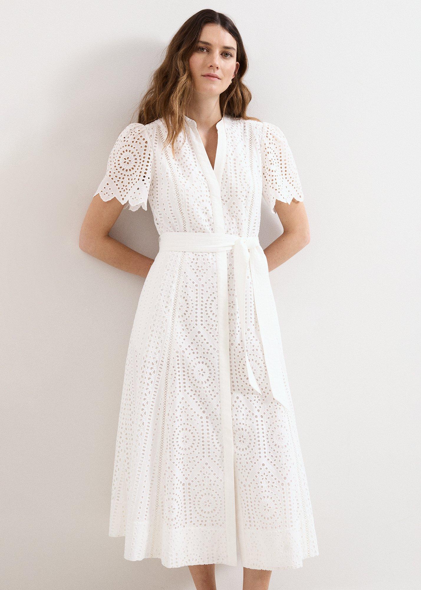 Petite Aletta White Broiderie Shirt Midi Dress