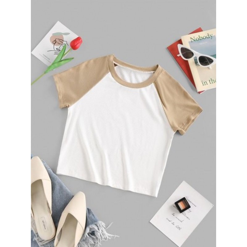 Raglan Sleeve Colorblock Ribbed T Shirt CL5770
