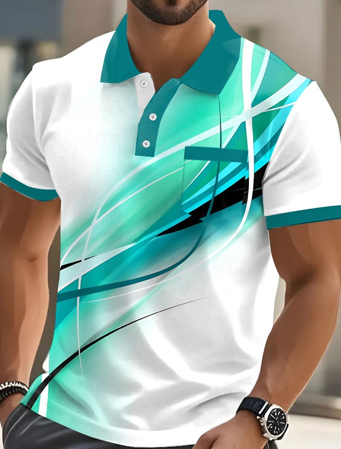 Men's Geometic Line Polo Shirts Short Sleeve Collared Business Casual