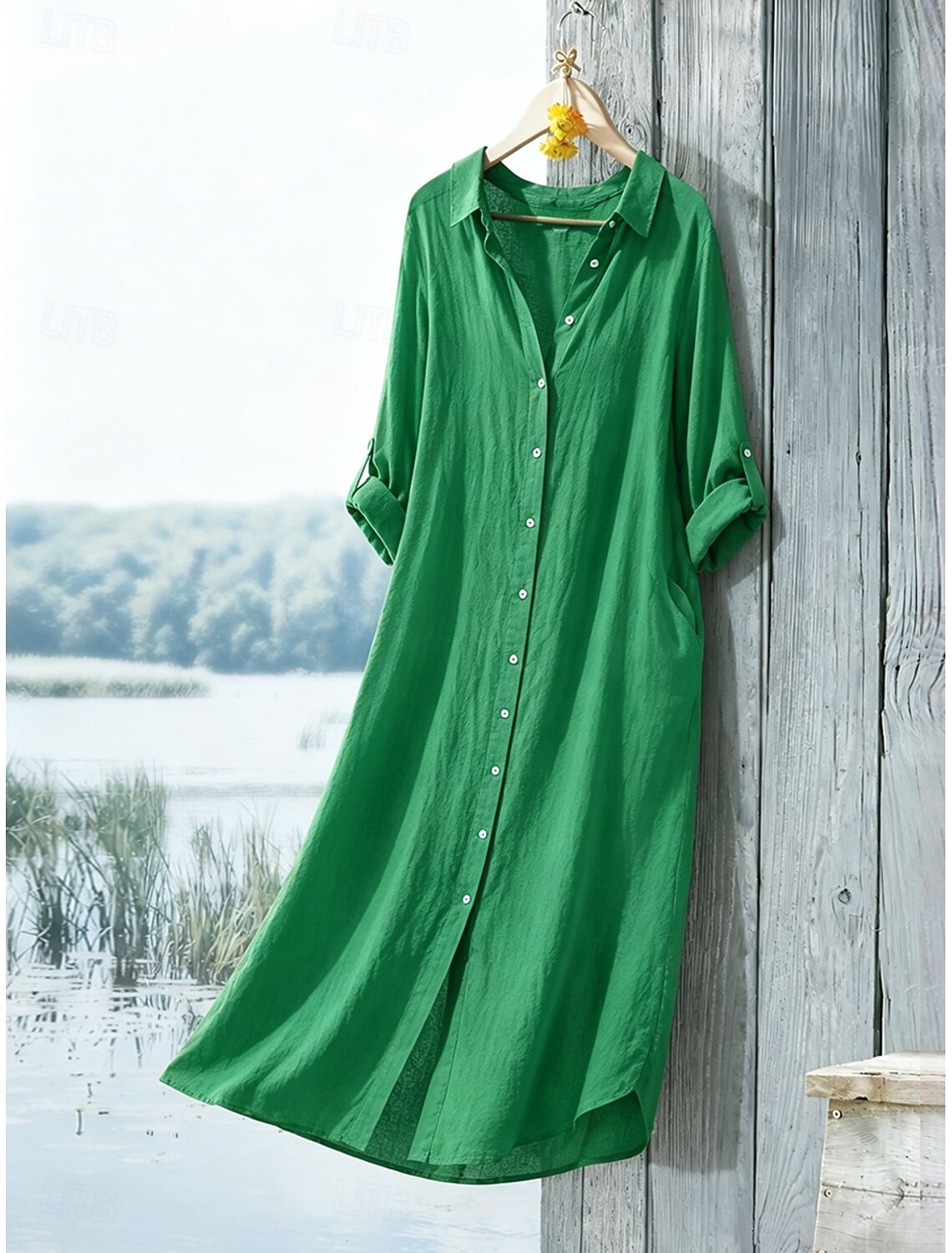 Women's Cotton Linen Maxi Dress Shirt Dress Shift Dress Casual Daily Loose Fit Plain Long Sleeve Lapel Blue Black White Light Green Summer Spring Fall