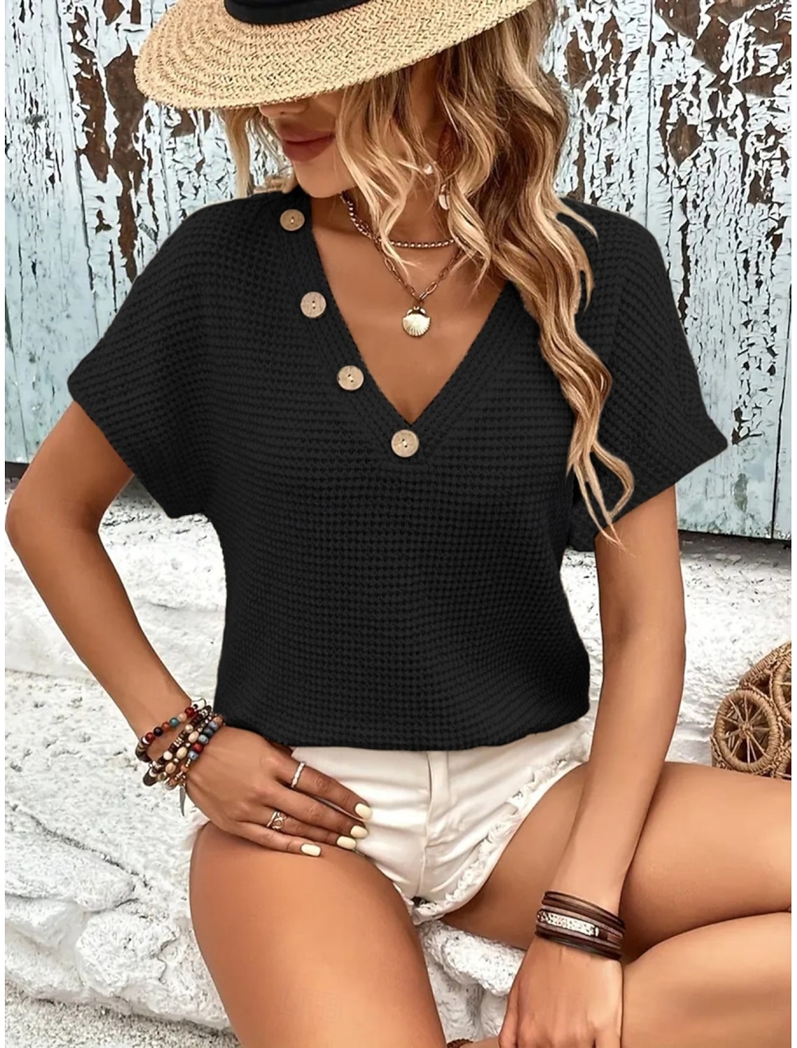 Women's Blouse Buttons Solid Color Stylish Casual Short Sleeve V Neck Regular Tops Casual Daily Black Red Summer Spring Fall
