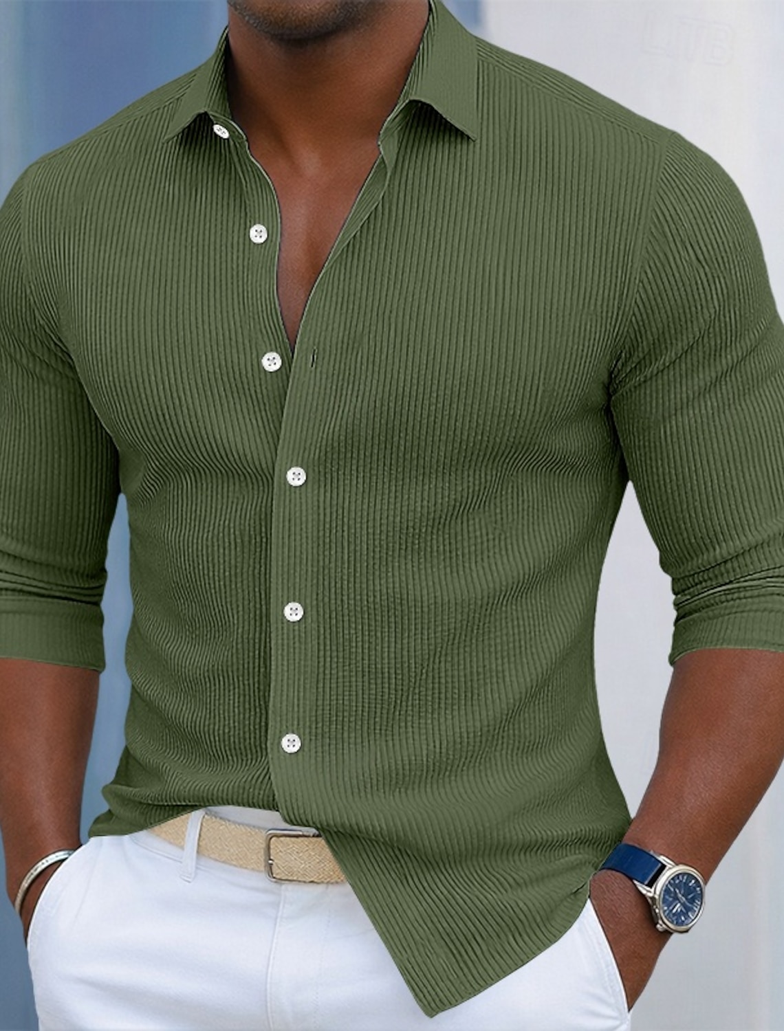 Men's Shirt Waffle Texture Casual Button Up Black White Wine Navy B #2