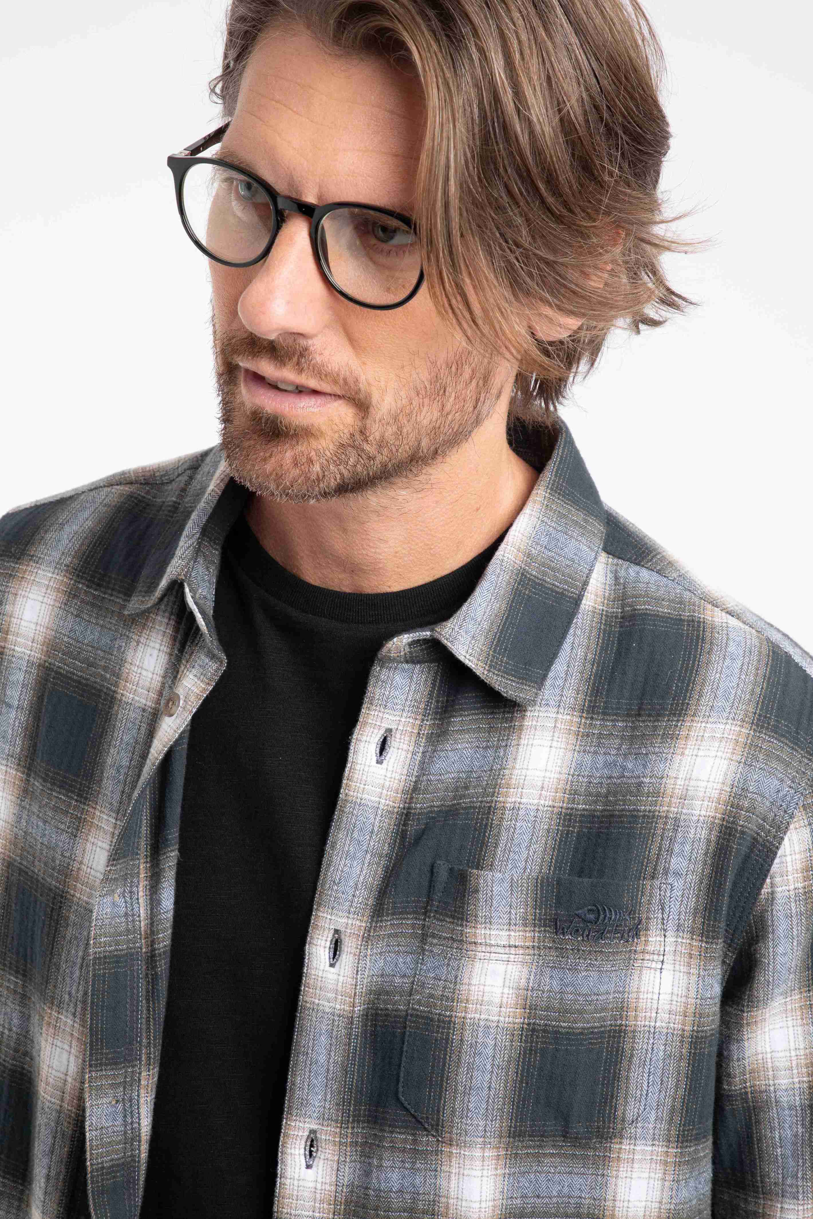 Broxton Organic Cotton Long Sleeve Herringbone Check Shirt Grey
