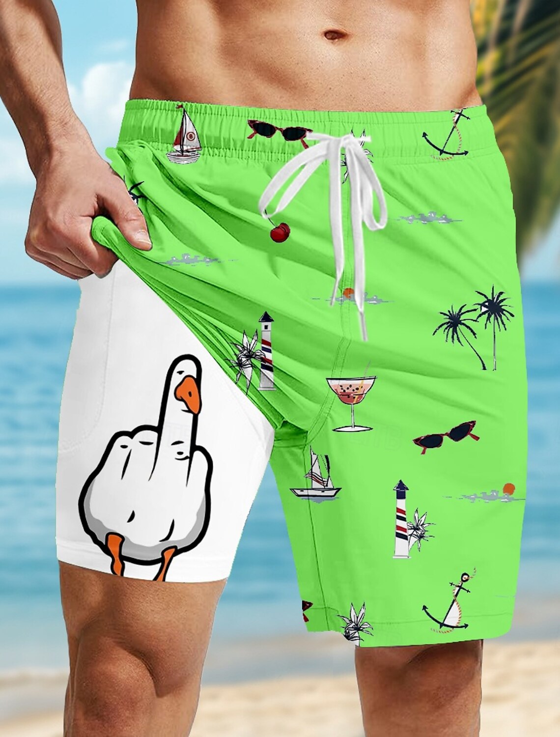 Men's Coconut Tree Funny Duck Lined Shorts 2 in 1 Board Shorts Swim Shorts Mid Waist Hawaiian Vacation Beach Wear Side Pockets With Compression Liner Elastic Drawstring Waist Designer Clothing Apparel