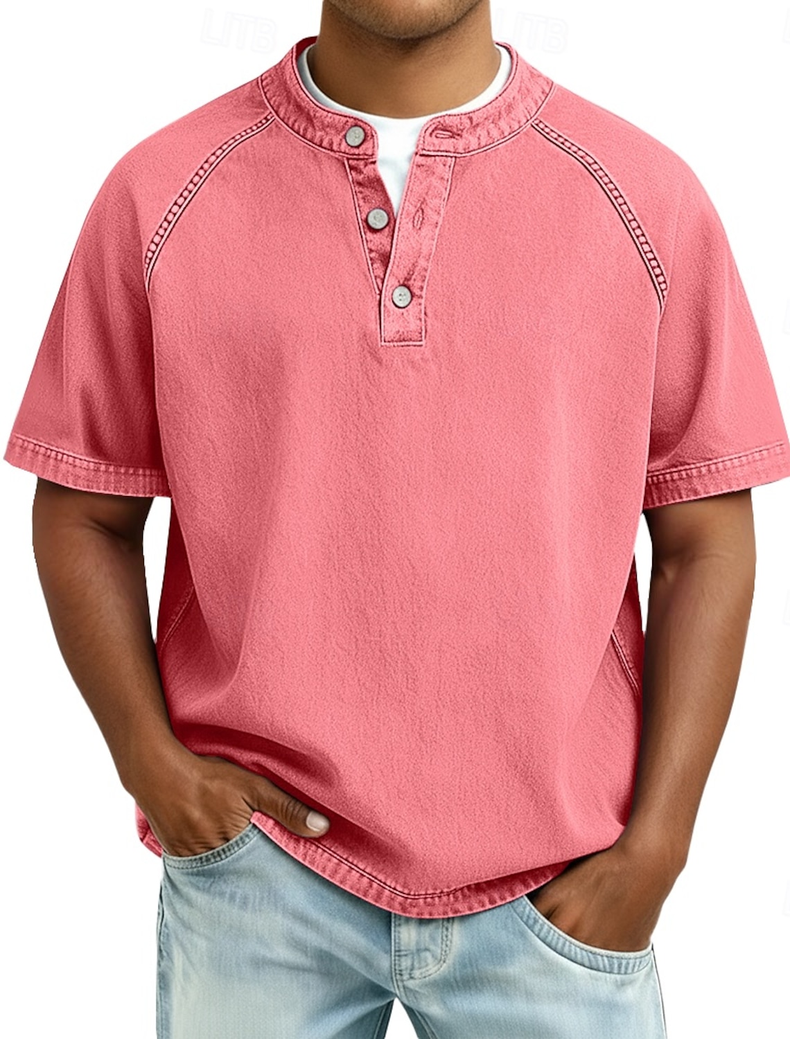 Men's T Shirt Henley 100% Cotton Acid Wash Tee Top Short Sleeve Plain