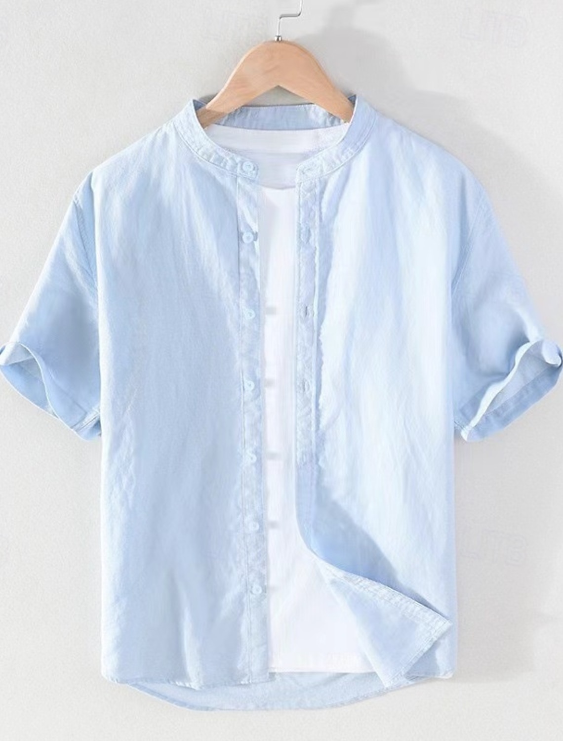 Men's Shirt Chinese Collar Shirt Mandarin Collar Shirt Casual Shirt Button Up Shirt Cotton Shirt Plain Vacation Street White Navy Blue Khaki Light Grey Short Sleeve Grandad Collar Summer Clothing