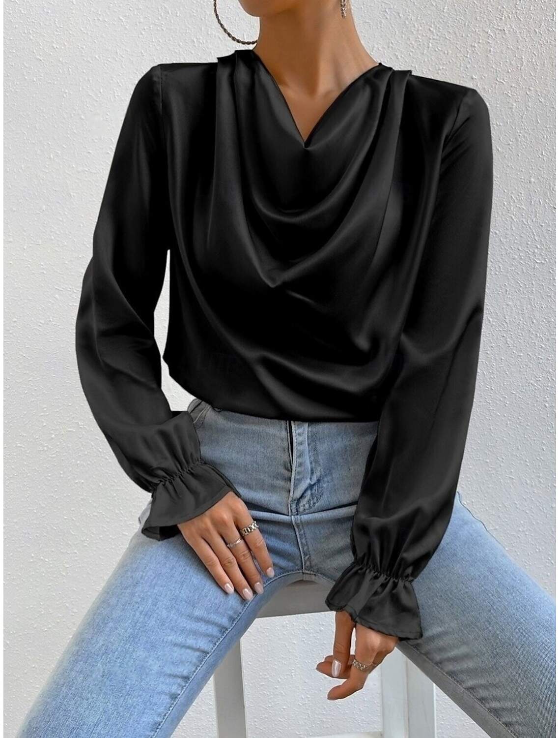 Women's Shirt Blouse Stylish Casual Solid Color Regular Tops Long Sleeve Cowl Neck Ruched Regular Fit Daily Summer Spring