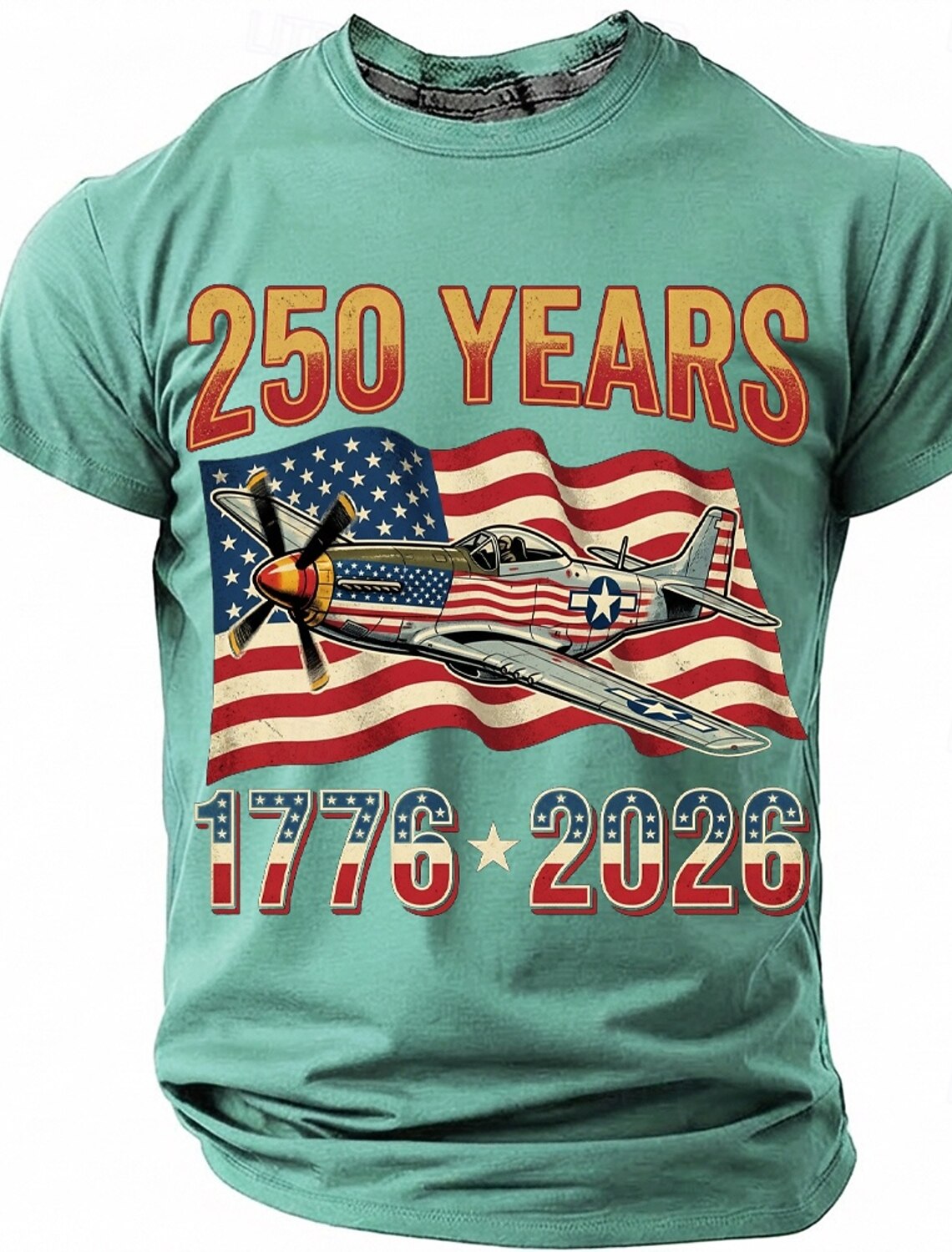 250th Anniversary July 4th 2026 Men's 250 Years 1776-2026 P-51 Mustang Fighter Plane Graphic T Shirt Short Sleeve Crew Neck Patriotic USA Flag Aviation Veteran Gift Designer Clothing Apparel