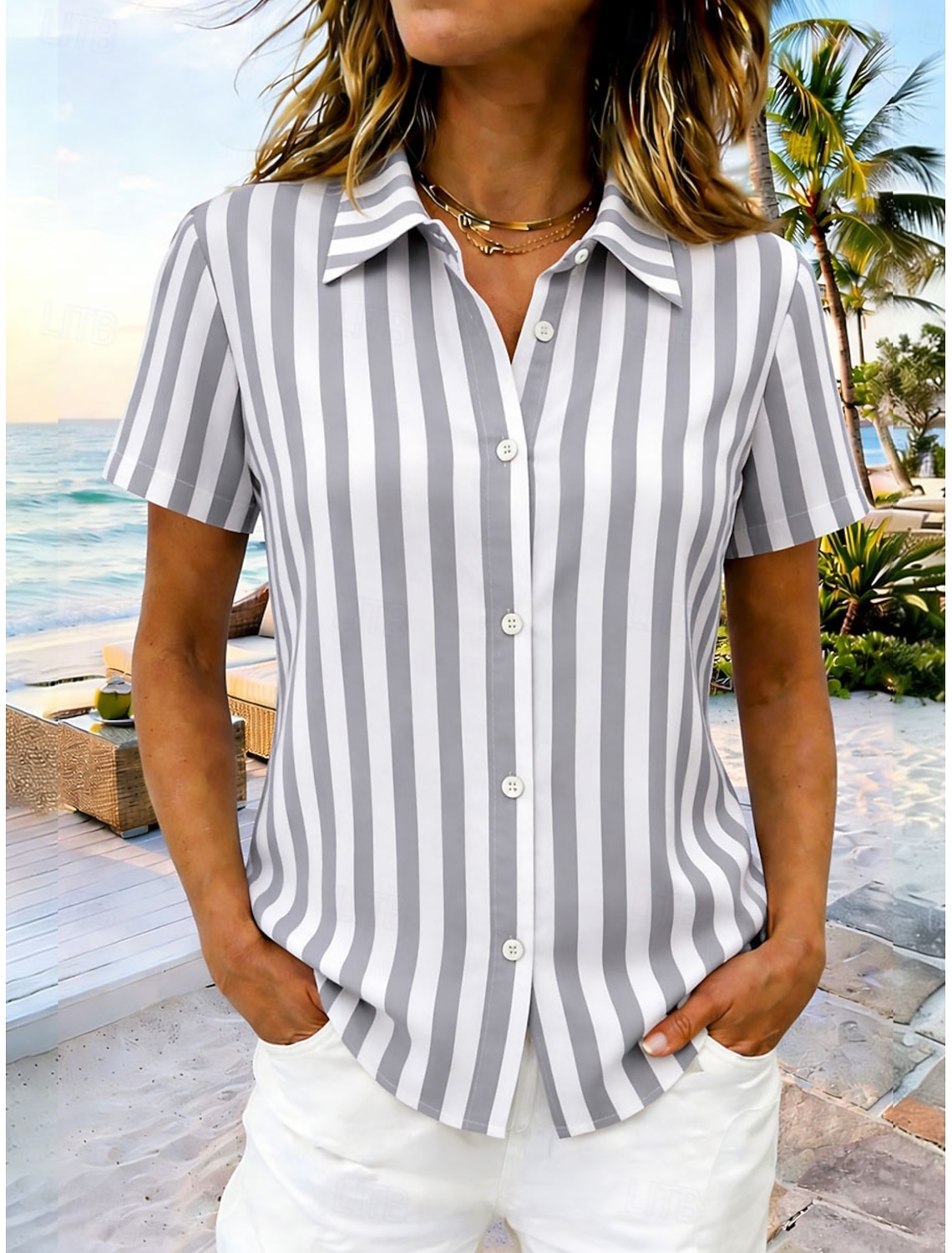 Women's Shirt Short Sleeve Graphic Geometric Striped Vintage Tropical Stylish Shirt Collar Regular Tops Daily Blue Black Red Gray Summer Spring