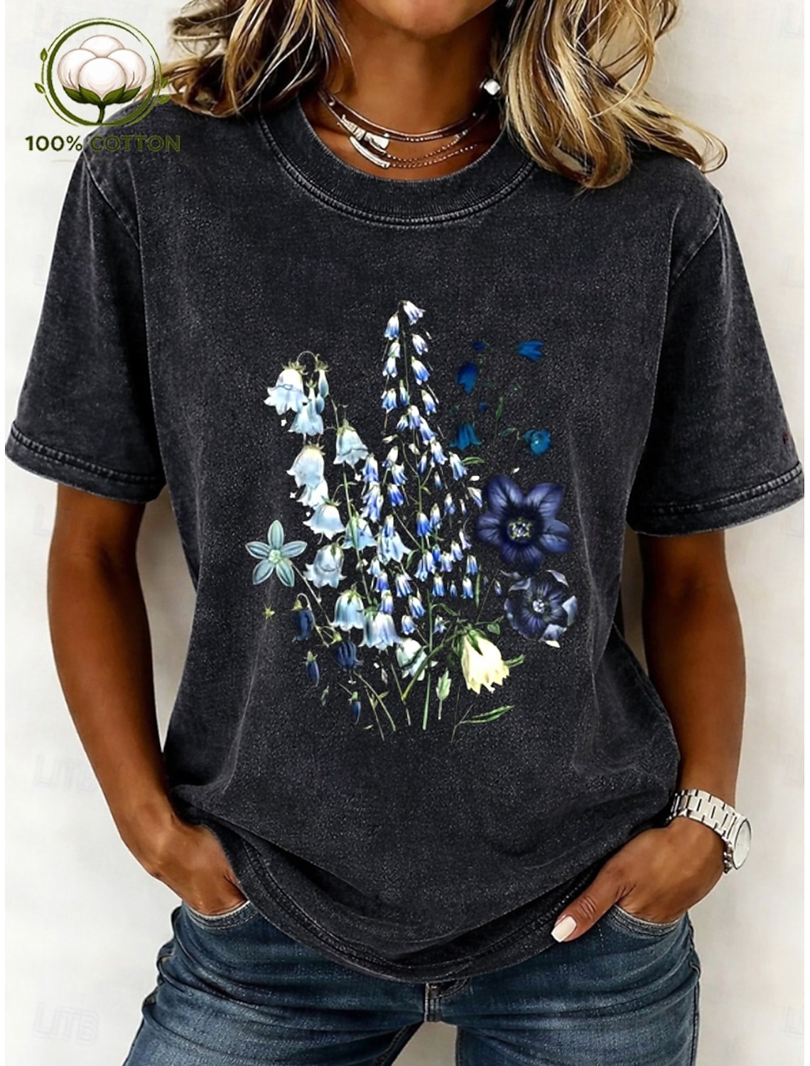 Women's 100% Cotton T Shirt Print Acid Wash Vintage Washed Graphic Plants Letter Stylish Basic Classic Short Sleeve Round Neck Regular Tops Casual Daily Blue Black Pink Purple Green Summer Spring