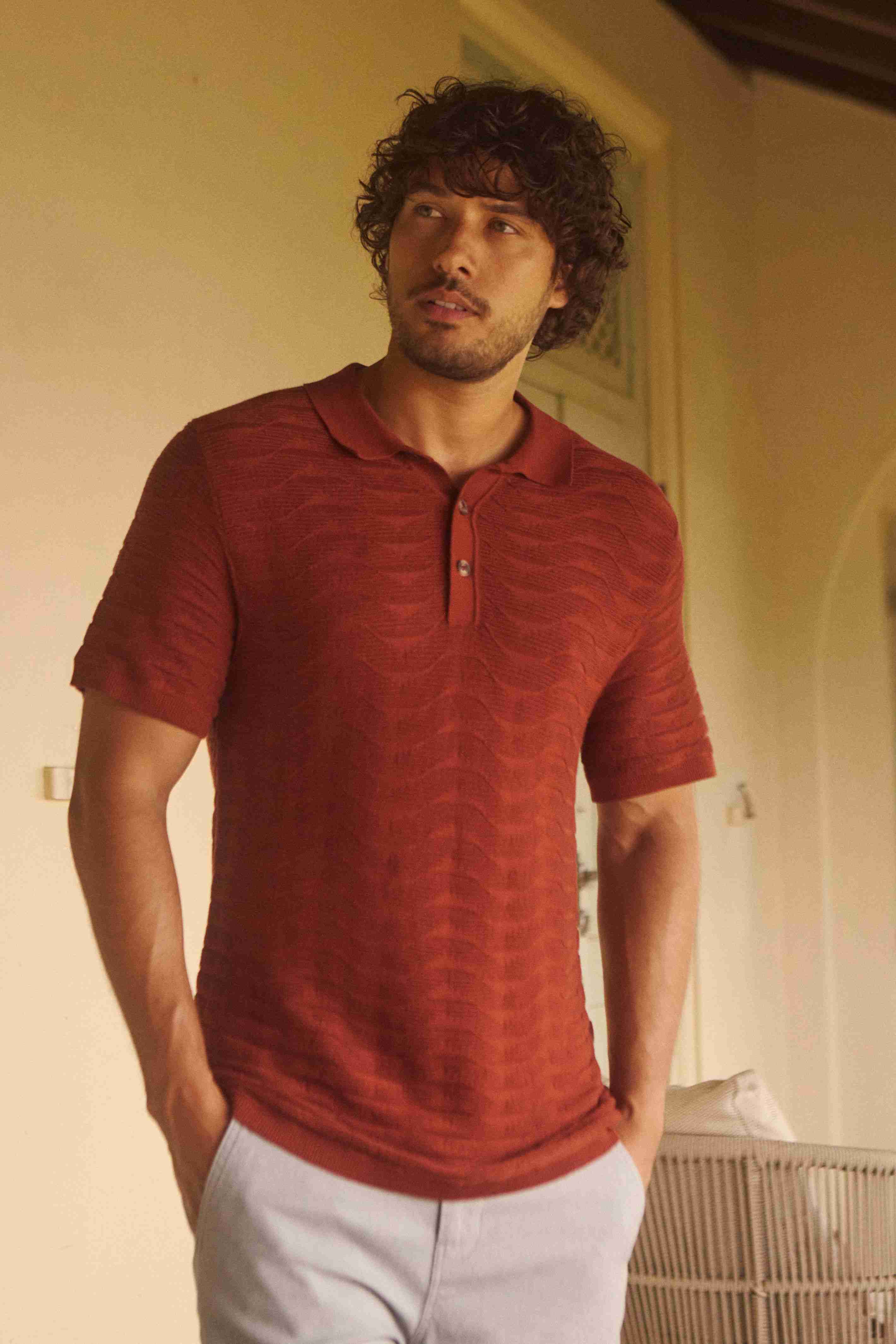 Emmet Trophy Neck Knitted Polo Shirt Coconut Shell