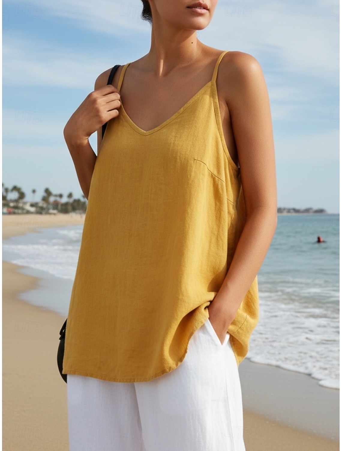 Women's Cotton Linen Vest Blouse Backless Plain Active Casual Sleeveless Strap Regular Tops Daily Holiday Going out Black White Yellow Purple Green Summer Spring