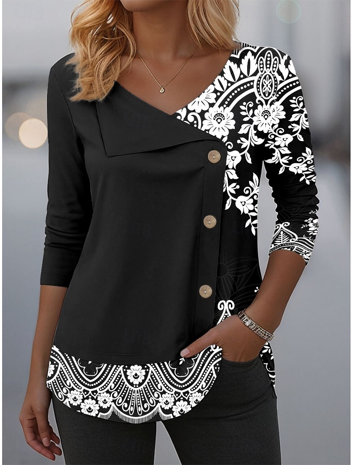 Women's Blouse Tunic V Neck Long Sleeve Buttons Graphic Tribal Elegant Fashion Casual Crew Neck Regular Tops Daily Patchwork Print Black Pink Blue Purple Green Spring Fall Winter Prefall