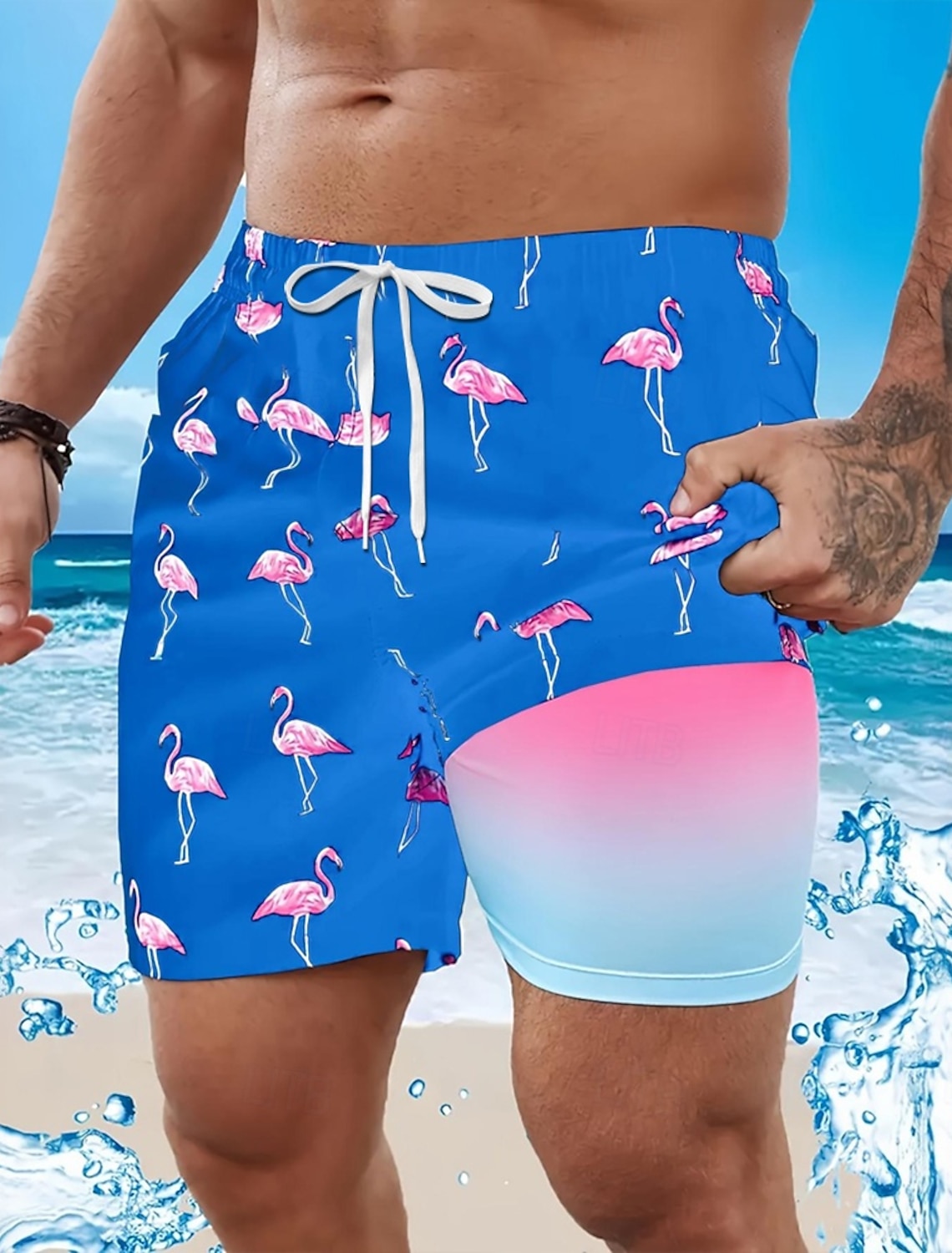 Men's Flamingo Bird Lined Shorts Swim Board Mid Waist Hawaiian