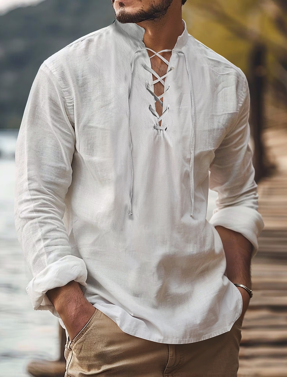 Men's Linen Pants Trousers Summer Drawstring Elastic Waist Wide Leg