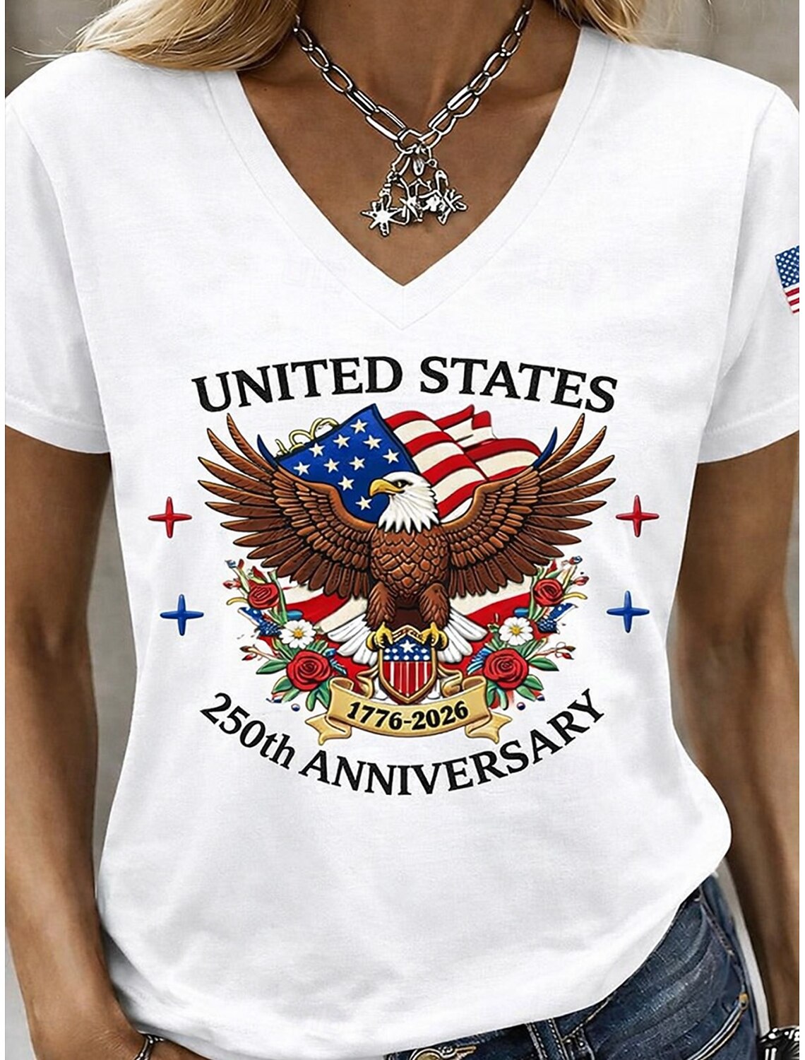 Independence Day American Anniversary Patriotic Women's T Shirt Print Graphic Flag Vintage Stylish Classic Short Sleeve V Neck Regular Tops Daily Red Summer Spring