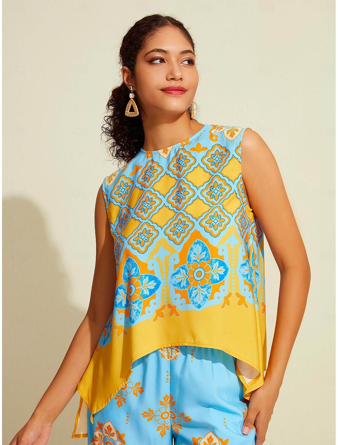 Satin Boho Double Slit Crew Neck Sleeveless Tank Top