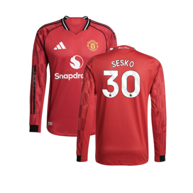 2025-2026 Man Utd Authentic Long Sleeve Home Jersey (Sesko 30)