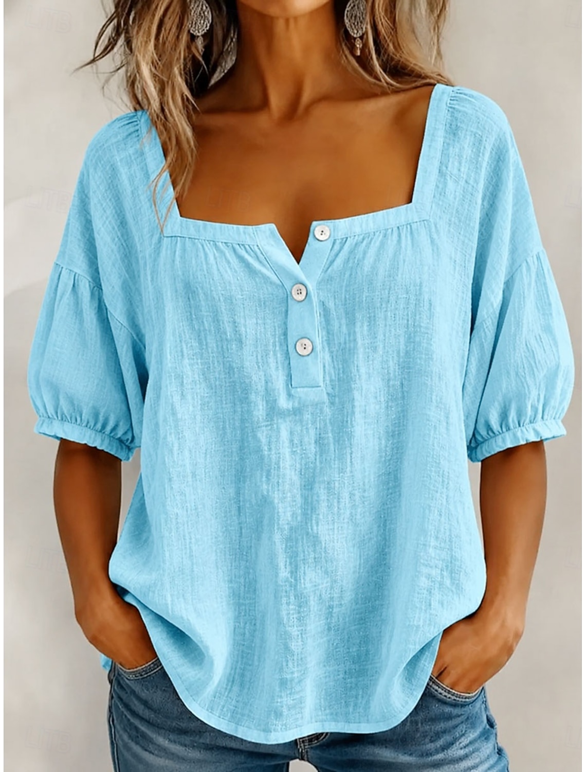 Women's Blouse Solid Color Daily Stylish Basic 3/4 Length Sleeve Square Neck Regular Tops Daily Blue Yellow Pink Summer Spring