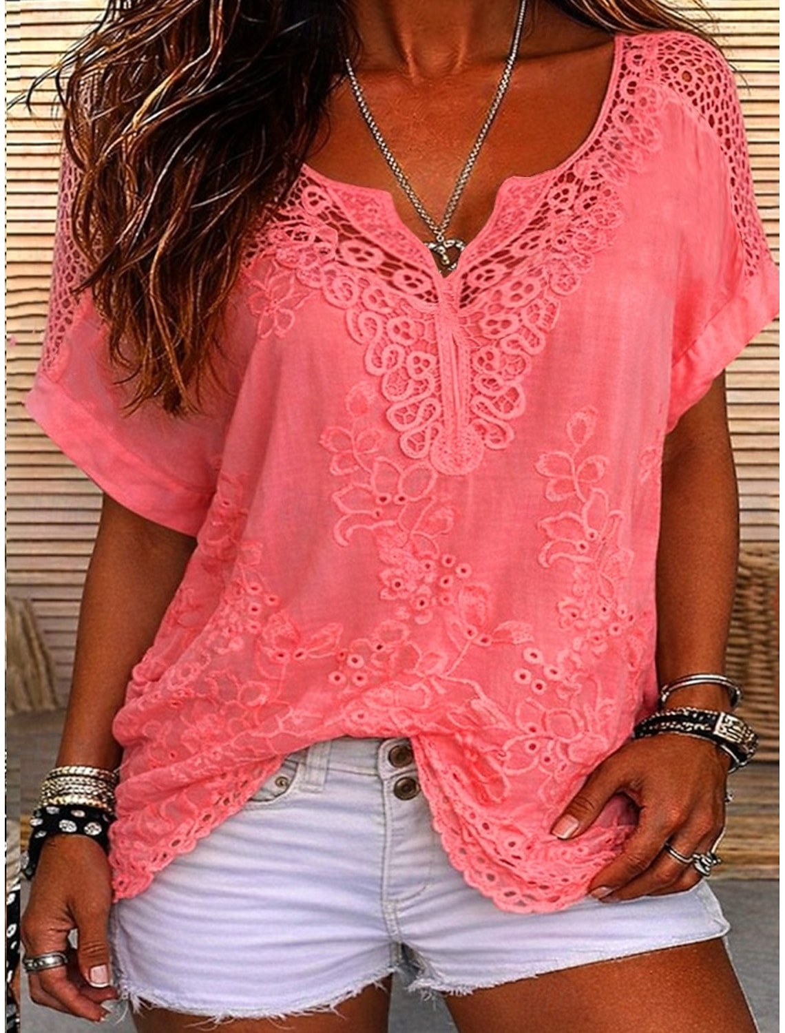 Women's Blouse Lace Solid Color Stylish Casual Short Sleeve V Neck Regular Tops Daily Blue Black White Orange Grey Summer Spring Fall