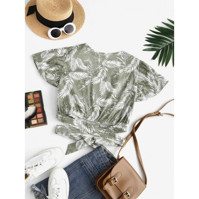 Leaf Print Tropical Surplice Tied Blouse HP5793