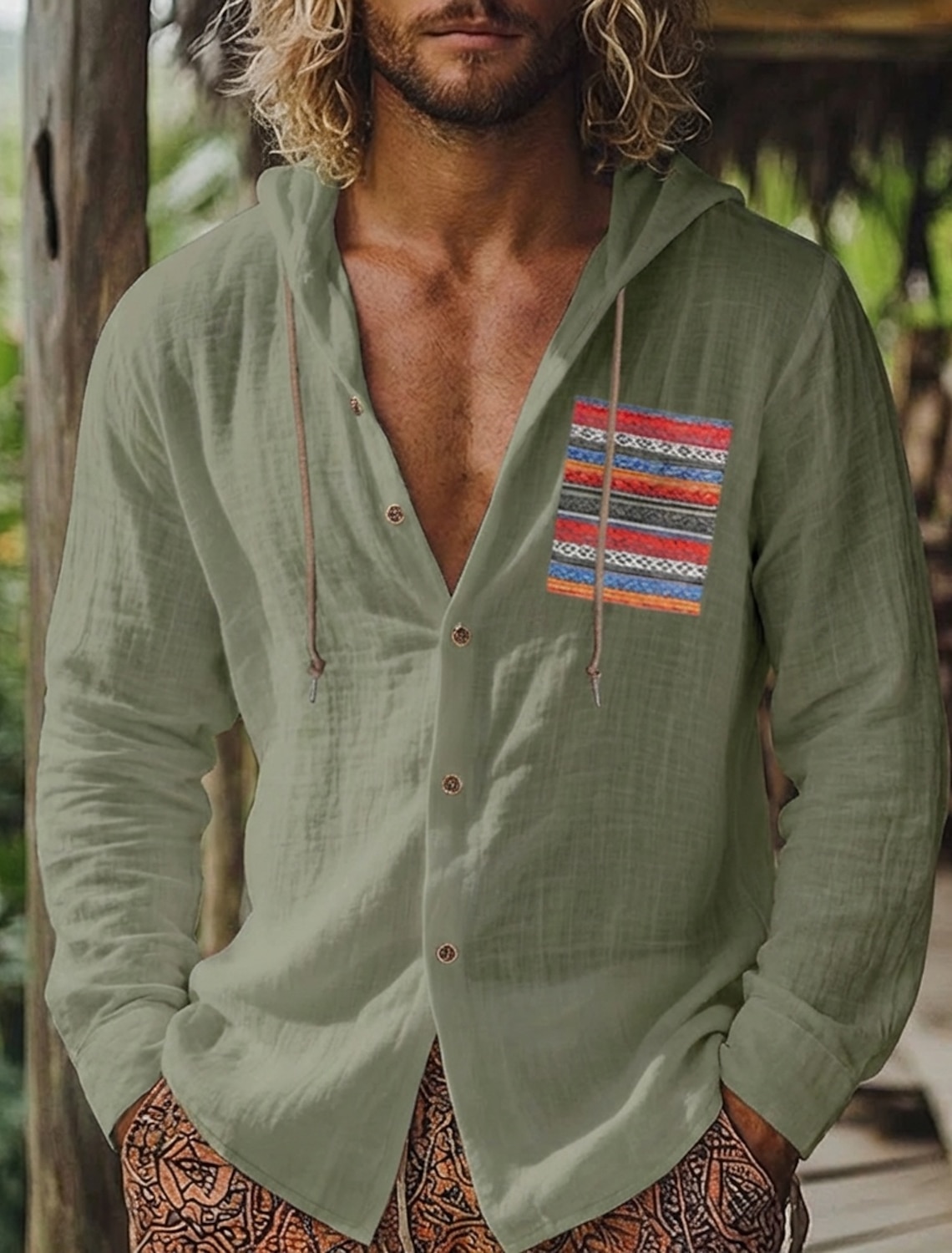 Men's Shirt Linen Shirt Summer Shirt Beach Shirt Button Up Shirt Hooded Shirt Boho Casual Vacation Pink Green Long Sleeve Hooded Summer Spring Clothing Apparel Patchwork
