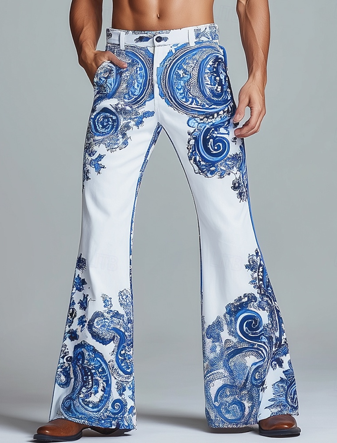 Men's Paisley Floral Print Ethnic Trousers Disco Pants 60s 70s Bell