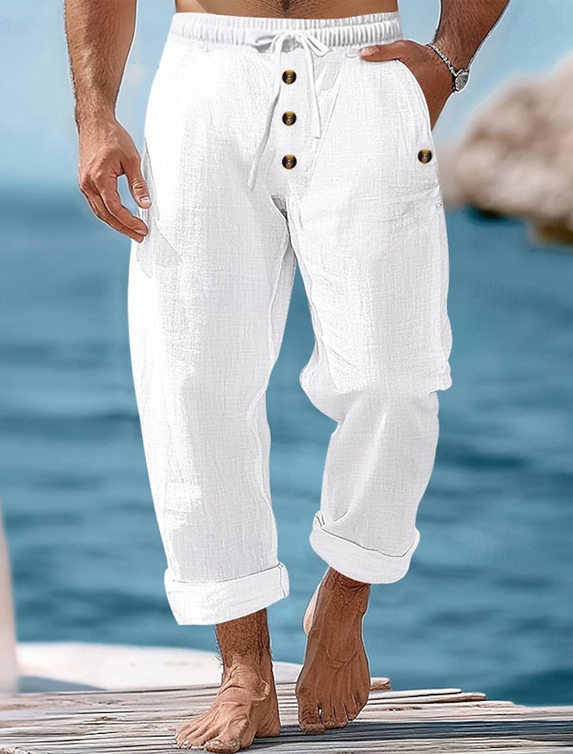 Men's Linen Pants Trousers Summer Pants Beach Pants Drawstring Elastic Waist Buttons Plain Comfort Breathable Full Length Casual Daily Holiday Vacation Fashion Khaki Black