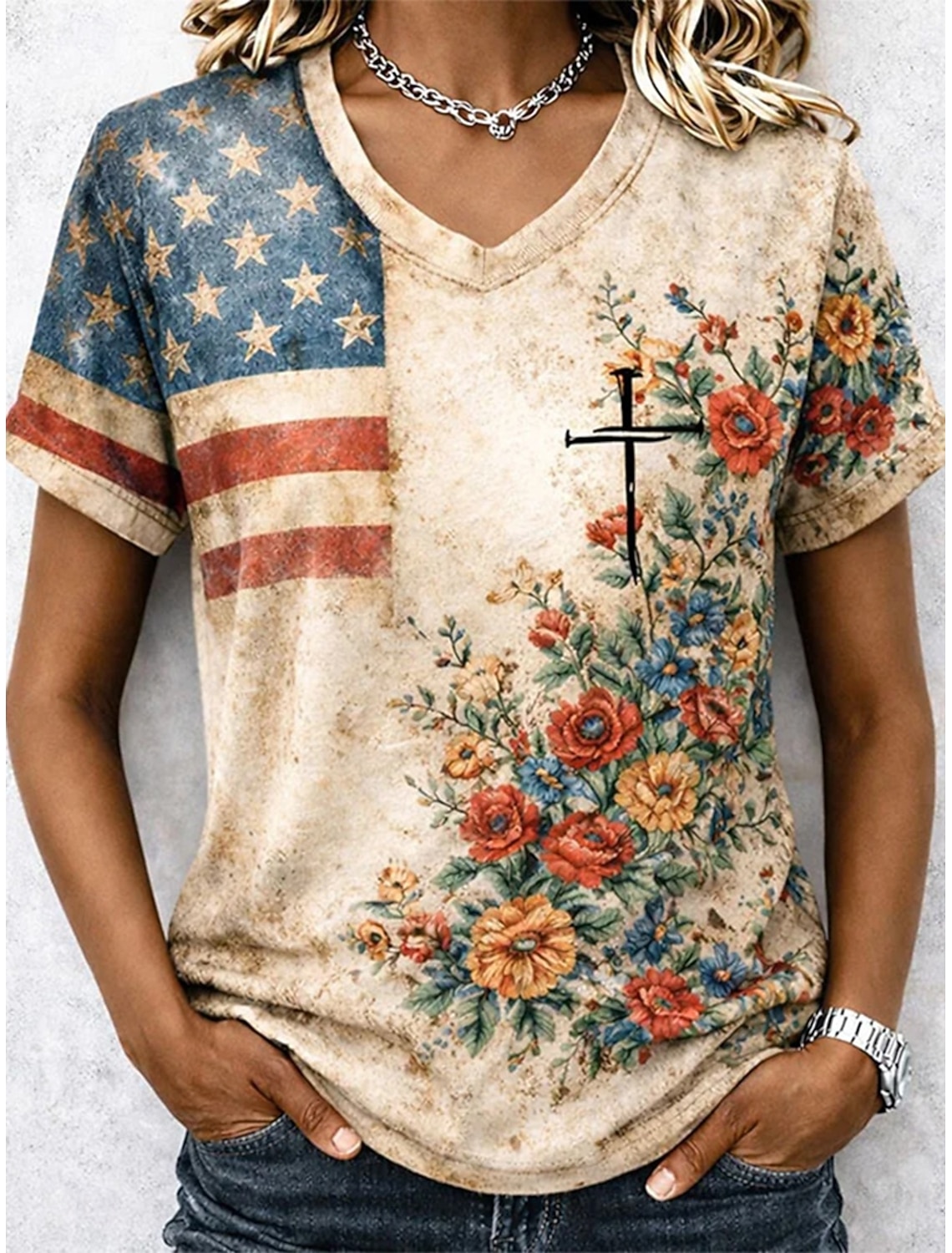 American Independence Day Women's T Shirt Print Graphic American Flag Stylish Classic Casual Short Sleeve V Neck Regular Tops Casual Daily White Brown Summer Spring