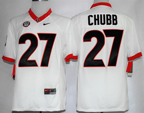 Men's UGA GA White 2014 game jersey Nick Chubb #27 match worn Jersey