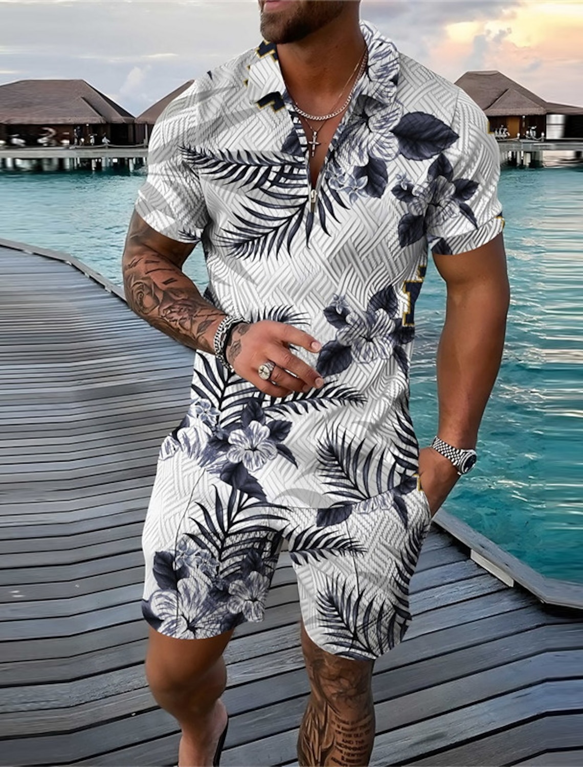 Men's Floral Graphic Skull Leaves Polo Shirts Hawaiian Golf Shirt Set