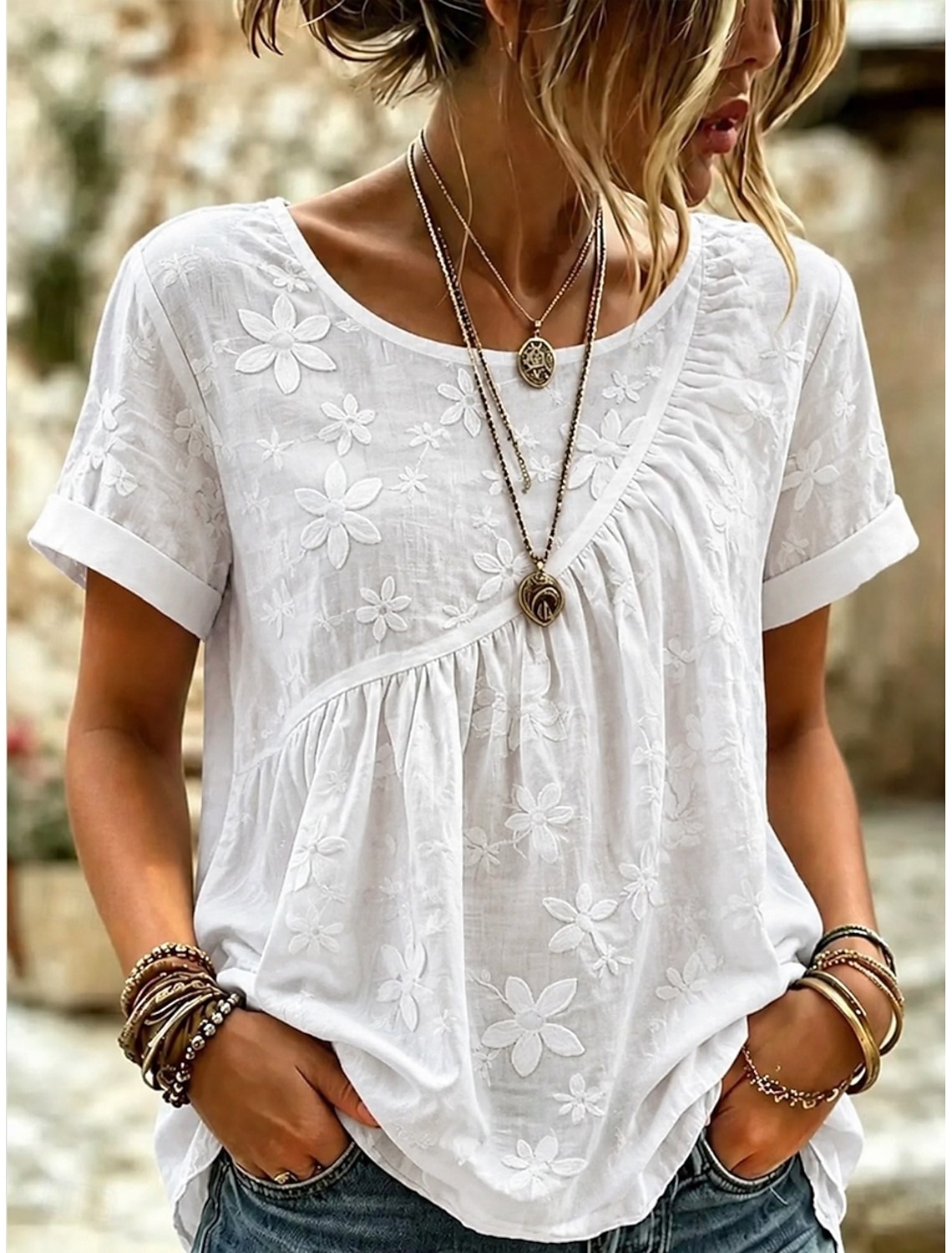 Women's T Shirt Embroidered Floral Graphic Fashion Short Sleeve Crew Neck Long Tops Casual Beach White Summer Spring