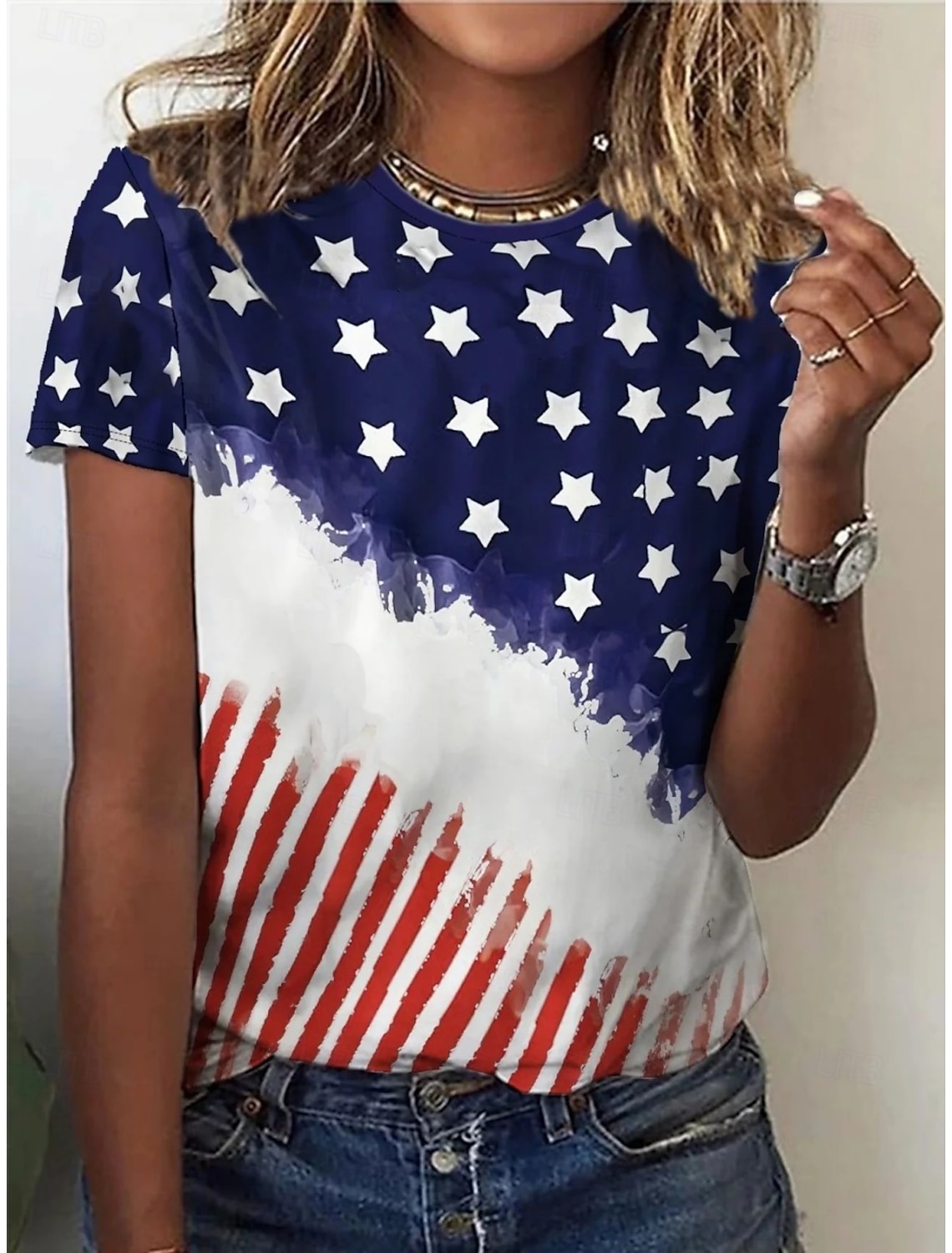 American Independence Day Women's T Shirt Print Graphic American Flag Vintage Stylish Classic Short Sleeve Crew Neck Round Neck Long Tops Daily Weekend Blue White-Blue Black Summer Spring Fall