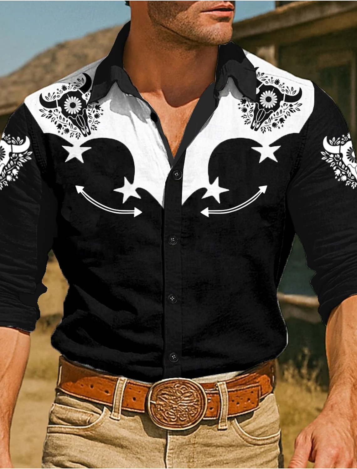 Men's Floral Print Cow Flowers Shirt Western Cowboy Long Sleeve