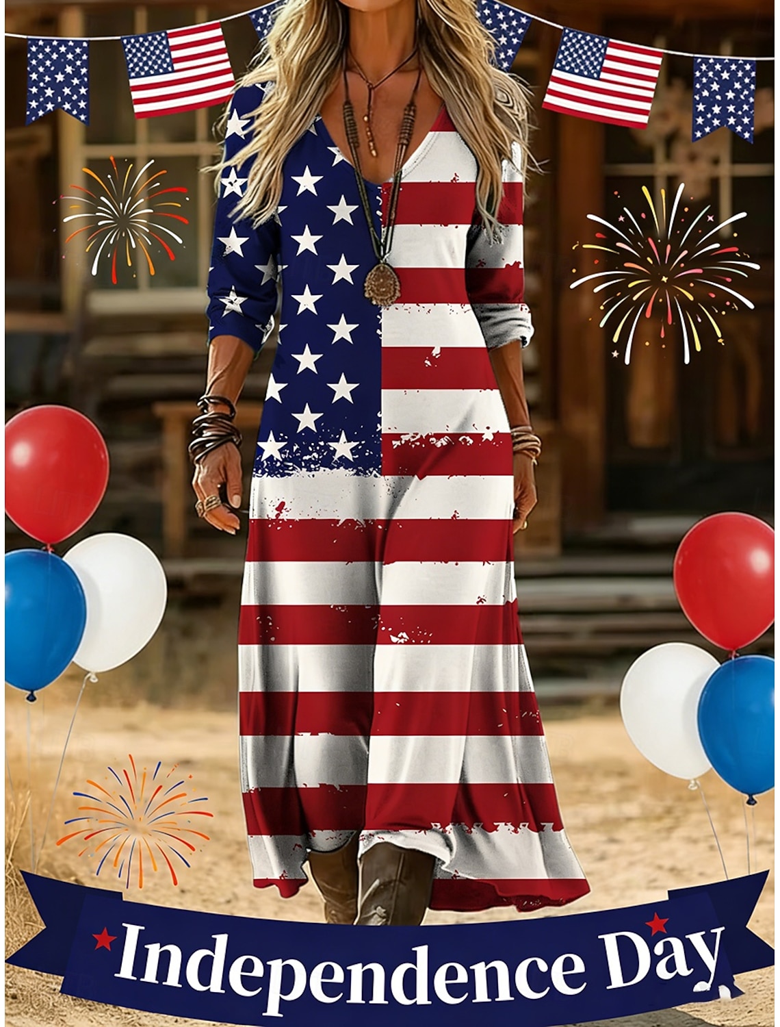 American Independence Day Women's Maxi Dress Slip Dress Party Daily Beach Loose Fit Stars and Stripes Sleeveless V Neck Spaghetti Strap White Summer Spring