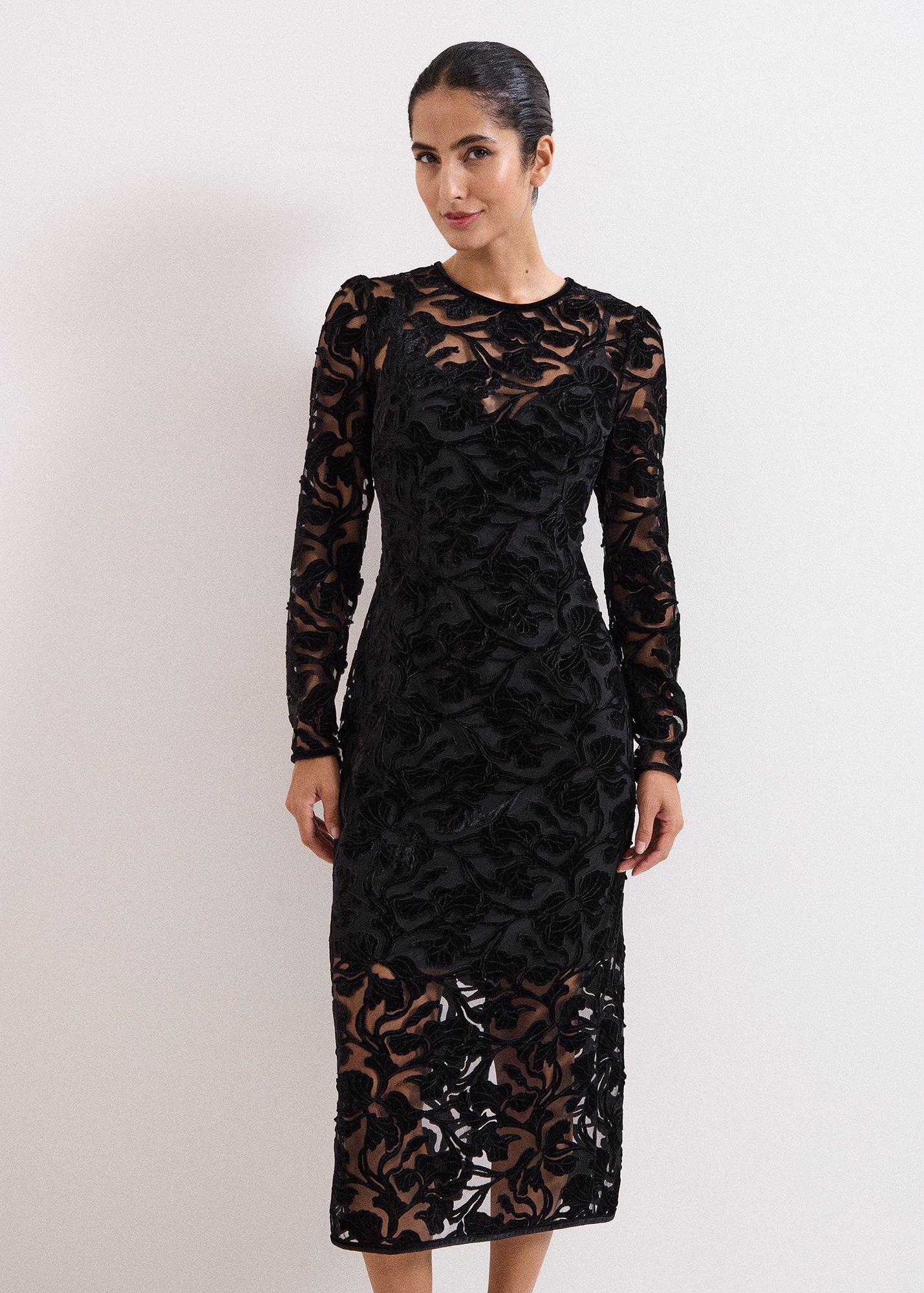 Viktoria Black Applique Velvet Midi Dress
