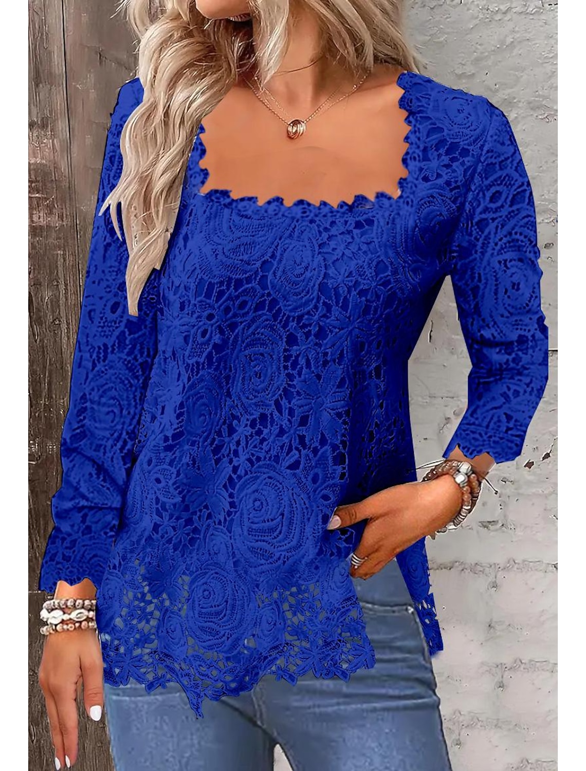 Shirt Lace Shirt Blouse Eyelet top Women's Plain Lace Street Daily Fashion Square Neck Regular Fit S