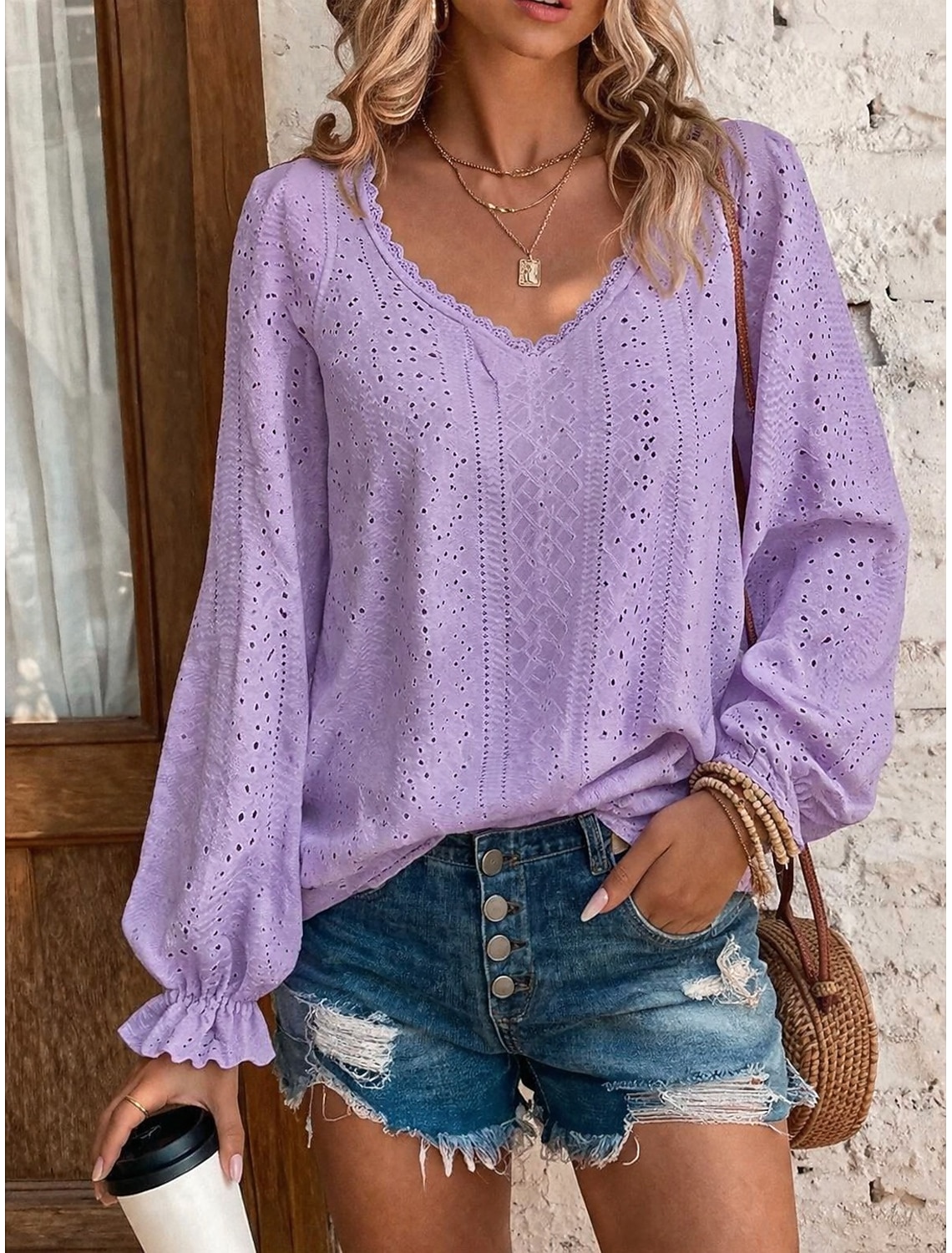 Women's Eyelet Top Pointelle Tee Textured Graphic Plants Stylish Sexy Classic Sleeveless Long Sleeve V Neck Regular Tops Casual Daily Beach White Pink Dark Green Purple Summer Spring Fall
