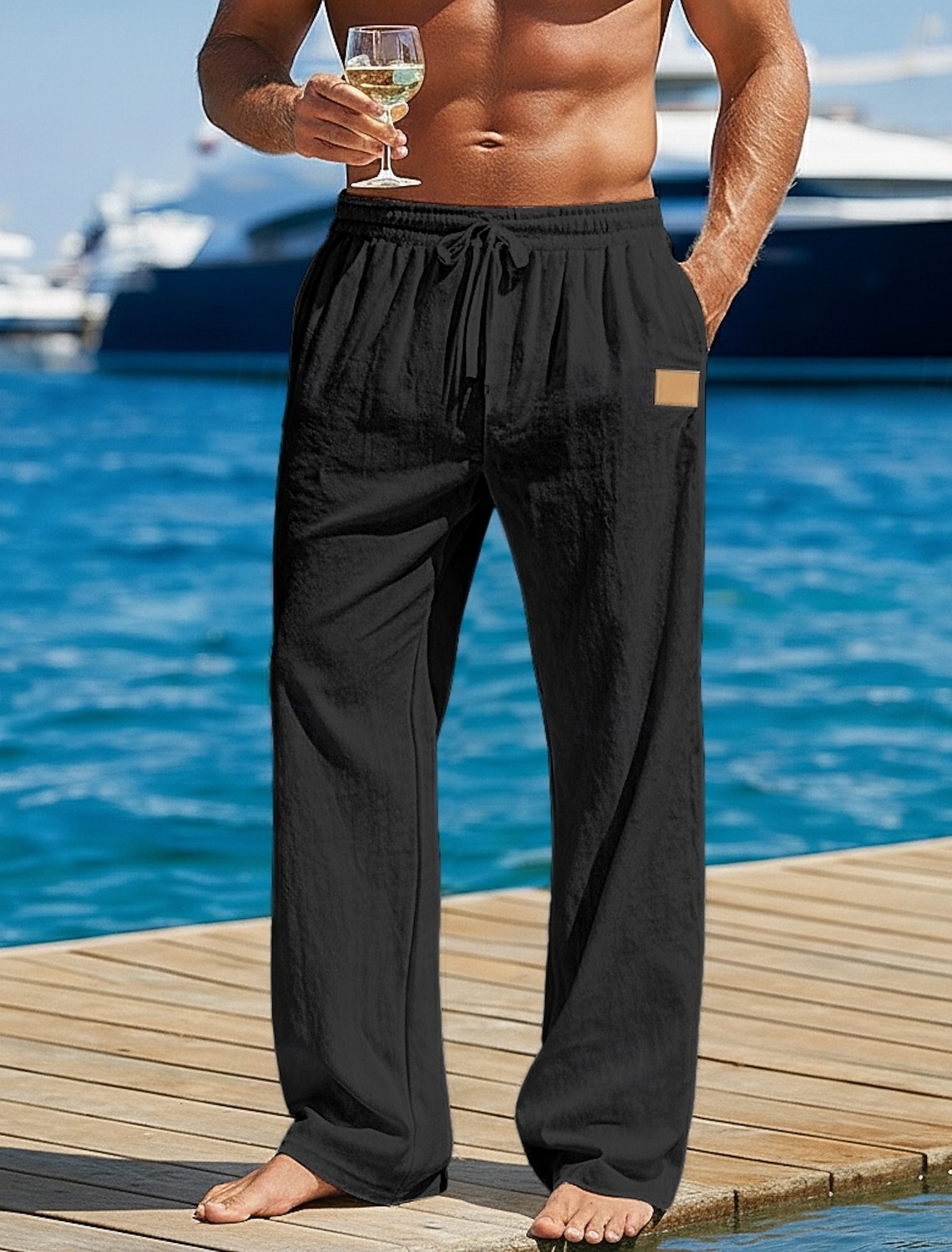 Men's Linen Pants Trousers Summer Pants Baggy Pants Beach Pants Drawstring Elastic Waist Straight Leg Solid Color Plain Comfort Comfortable Full Length Outdoor Beach Holiday Vacation Fashion Black