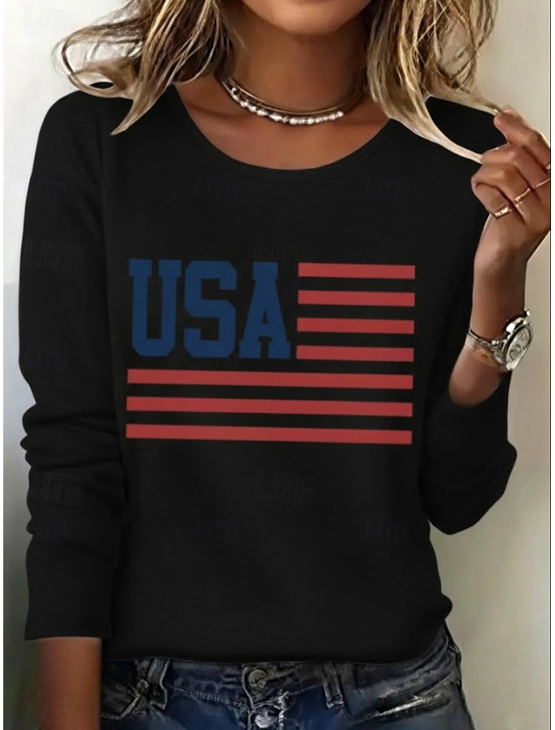 Independence Day PatrioticWomen's T Shirt Print Graphic Flag American Flag Stylish Classic Casual Long Sleeve Crew Neck Regular Tops Daily Blue Black White Red Summer Spring