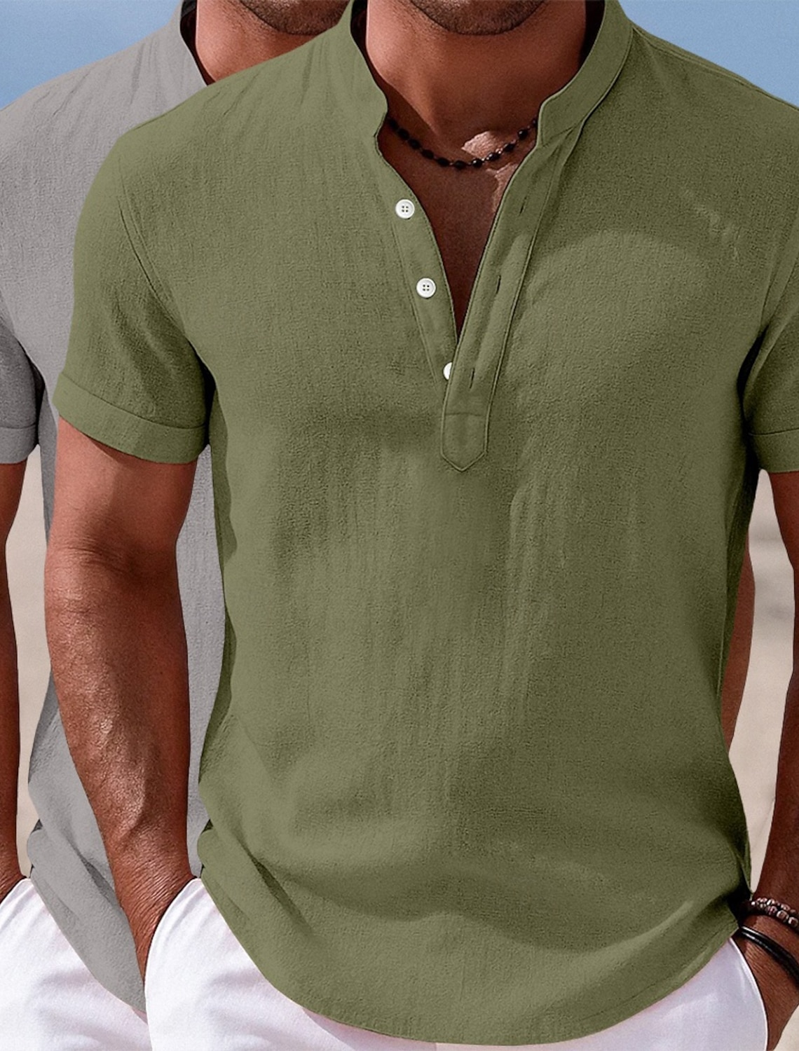 Men Shirt Linen Shirt Popover Shirt Summer Shirt Beach Wear Band Collar Shirt Plain Casual Daily Green+Gray White+Pink Black+Navy Blue Green+Khaki Short Sleeve Henley Summer Clothing Apparel