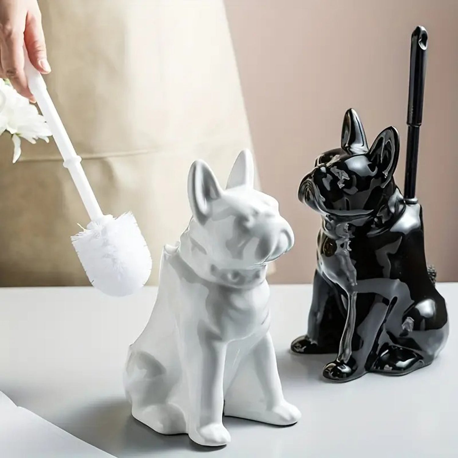 Comfortable Loopup French Bulldog Toilet Brush Set – Cute Ceramic Dog...