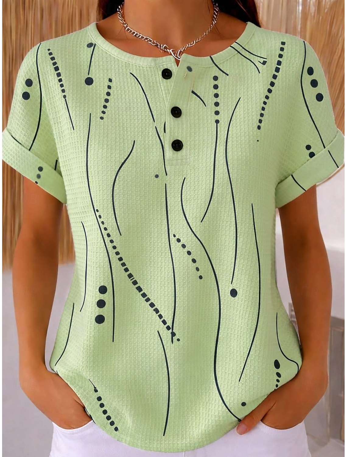 Women's Waffle T-shirt Textured Knit Tops T Shirt Color Block Print Graphic Geometric Vintage Stylish Classic Short Sleeve Crew Neck Round Neck Long Tops Casual Daily Blue White Pink Green Summer
