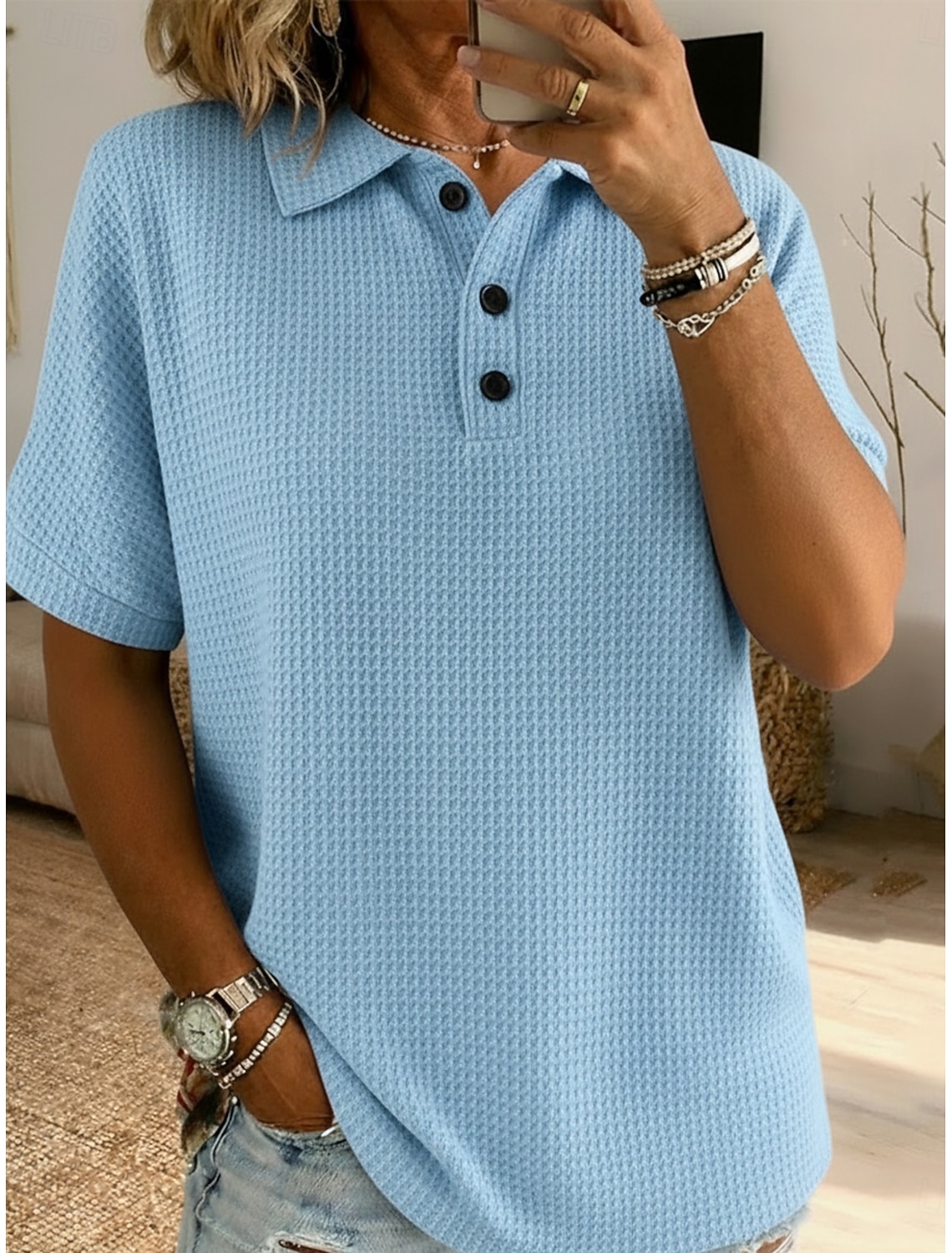 Women's Waffle Shirt T Shirt Polo Shirts Tee Buttons Plain Stylish Classic Modern Short Sleeve Shirt Collar Regular Tops Daily Holiday Going out Black White Red Sky Blue Summer Spring