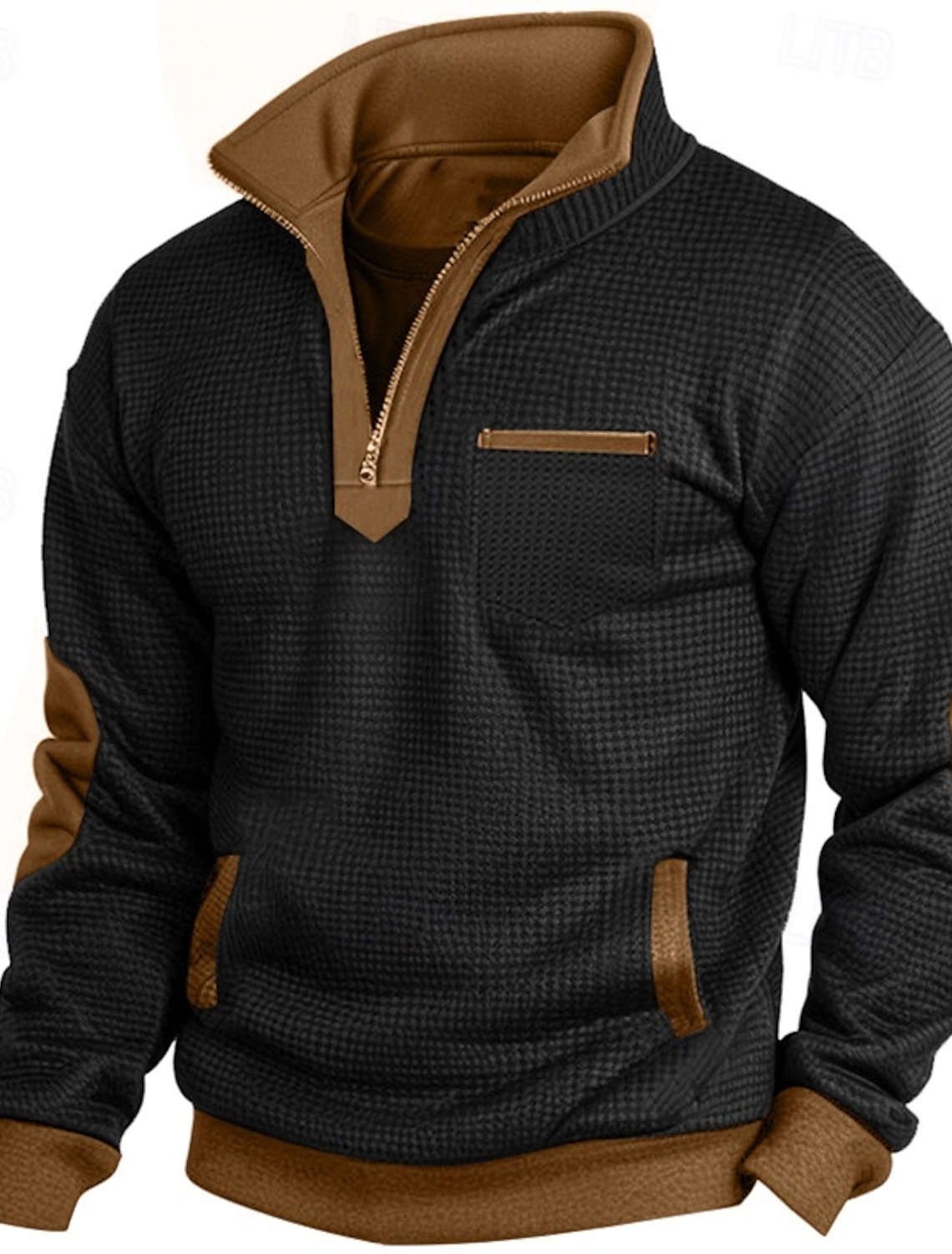 Men's Zip Up Sweatshirt Waffle Pullover Black Navy Blue Half Plain