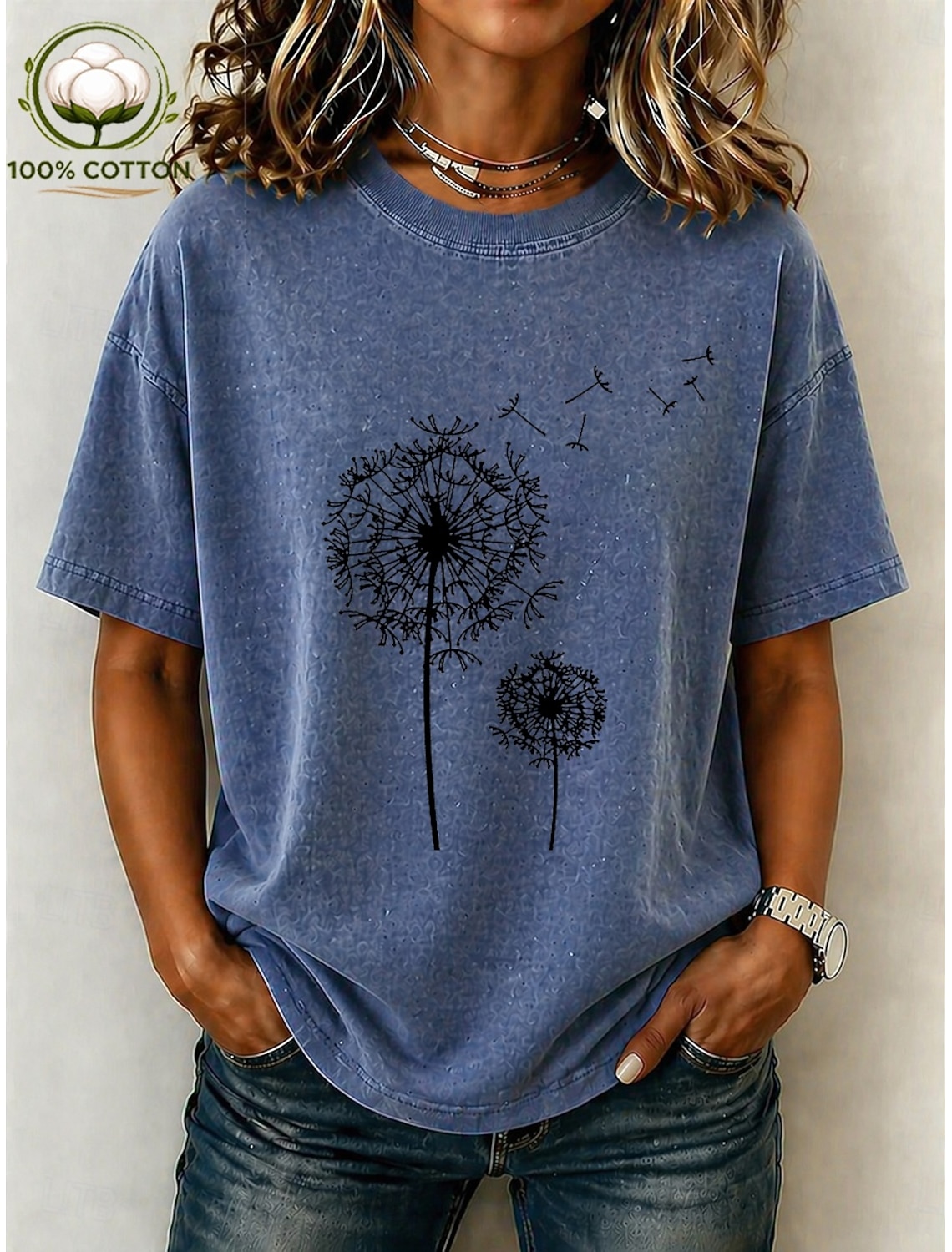 Women's 100% Cotton T Shirt Vintage Washed Tops Print Graphic Plants Stylish Basic Short Sleeve Crew Neck Regular Tops Casual Daily Blue Black Pink Purple Brown Summer Spring