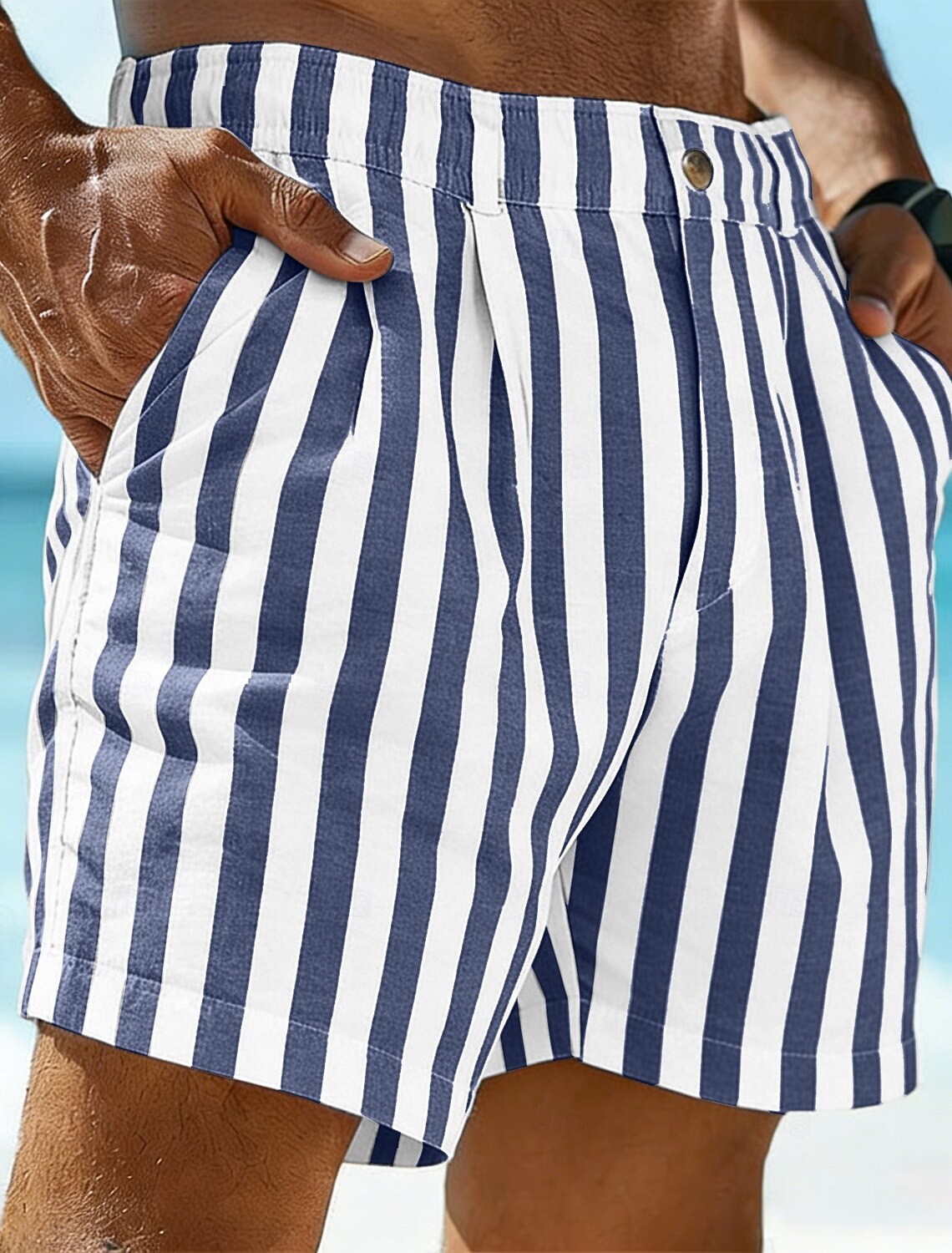 Men's Shorts Linen Summer Beach Pocket Elastic Waist Striped Comfort