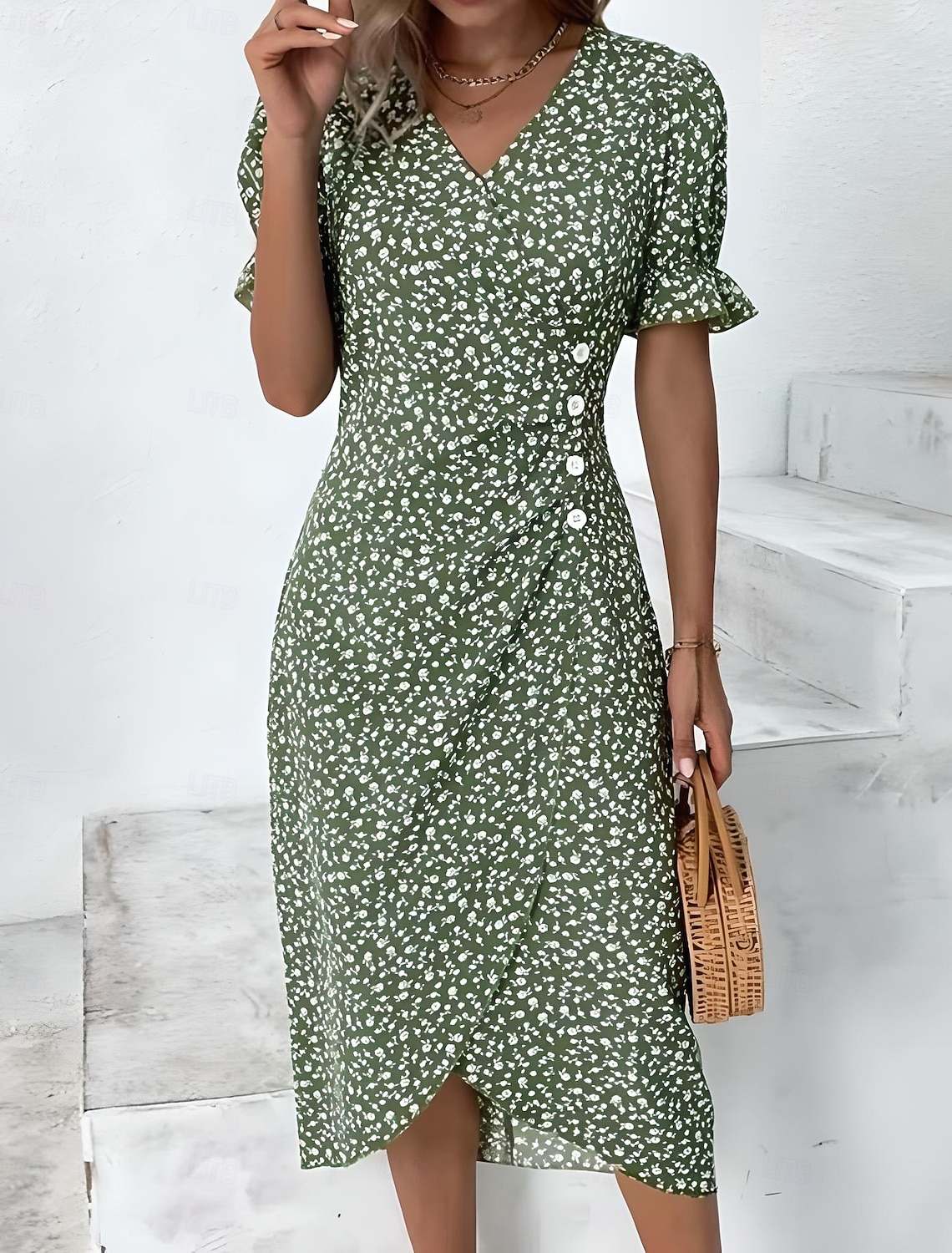 Women's Midi Dress Wrap Dress Elegant Lightweight Puff Sleeve Short Sleeve V Neck Going out Regular Fit Floral Black Pink Blue Green