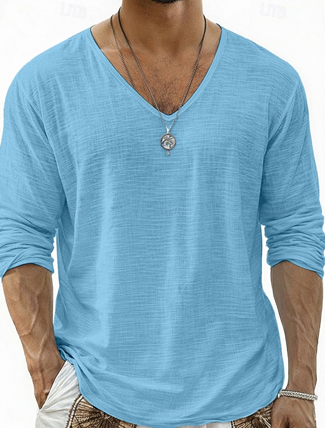 Men's Tee Top Linen T-Shirt Long Sleeve V Neck Summer Spring & Soli #2